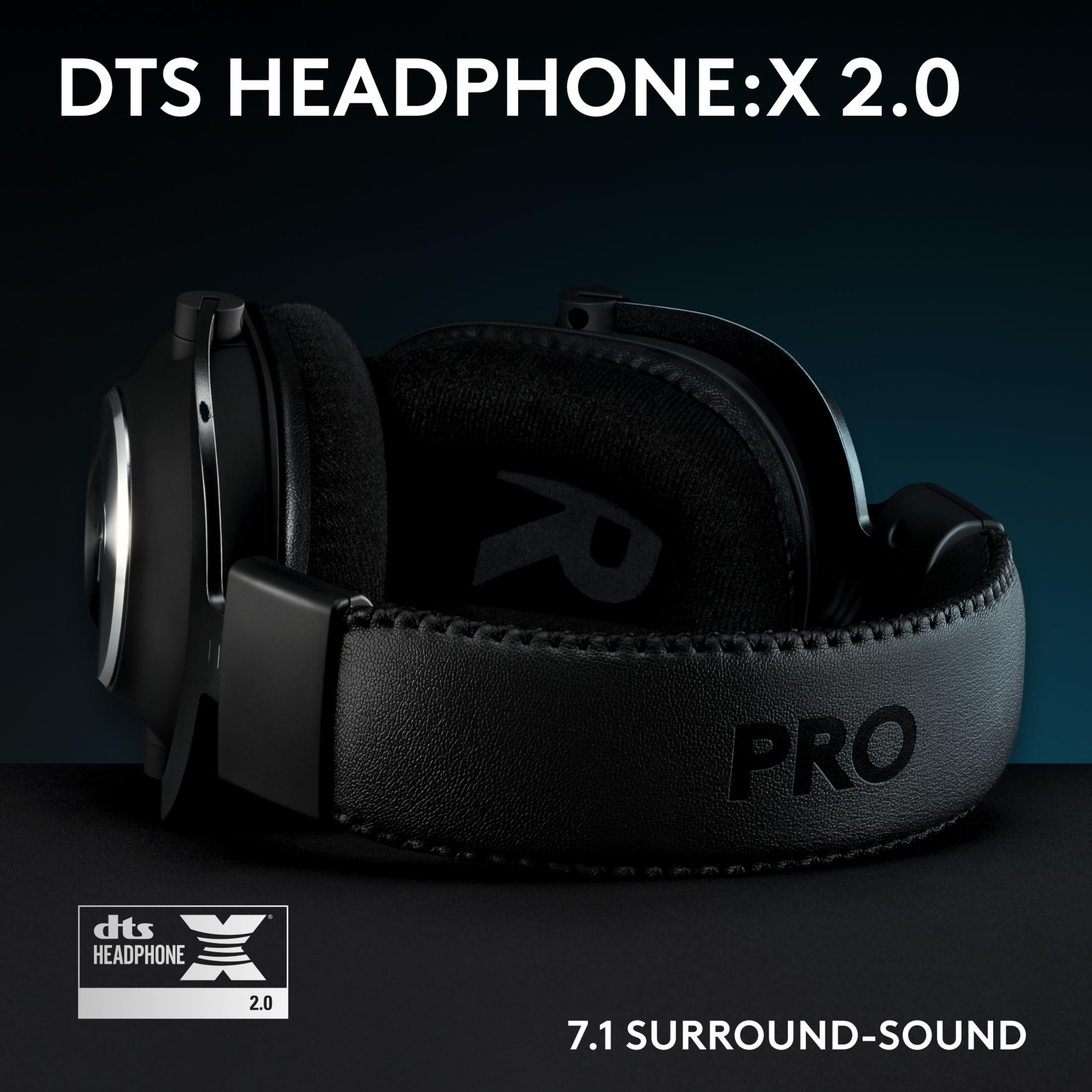 Zwarte koptelefoon met DTS Headphone:X 2.0 en 7.1 surround sound.