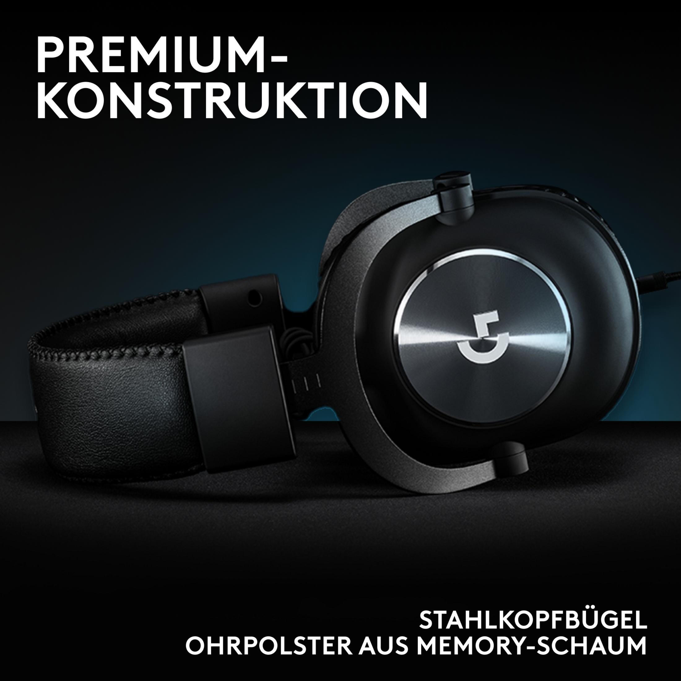 Zwarte Logitech G koptelefoon met zilveren logo en lederen oorkussens.