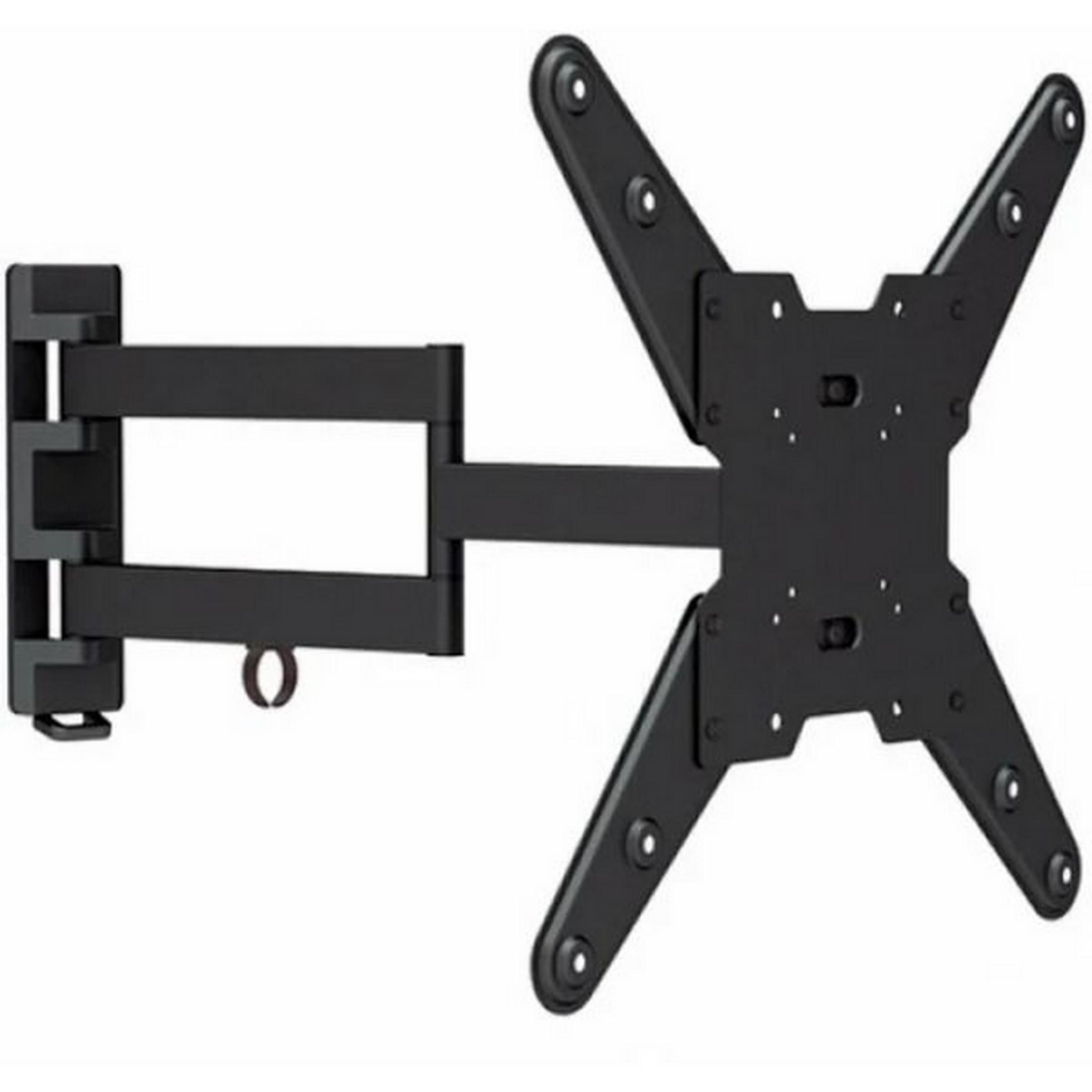 Schwarze schwenkbare TV-Wandhalterung mit ausziehbarem Arm und VESA-Platte.