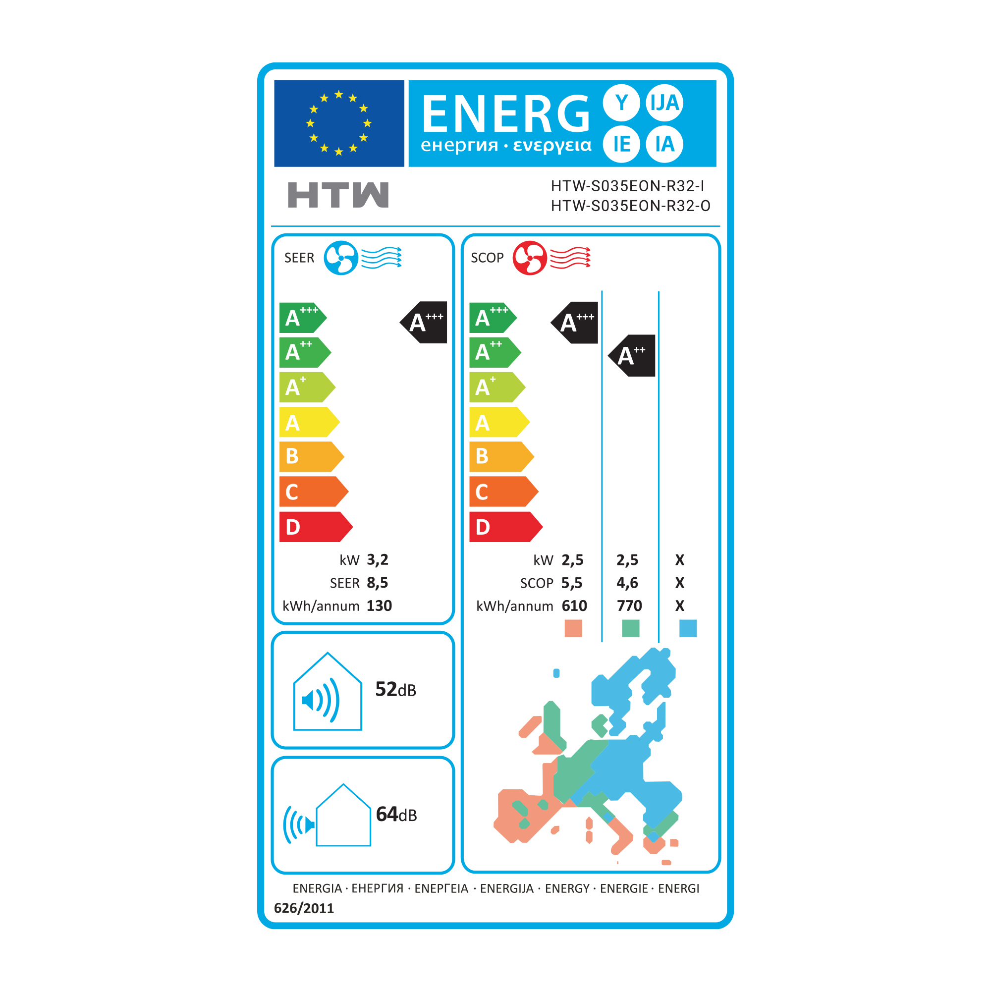 Etiqueta de eficiencia energética para HTW-S035EON-R32-I/O, con escalas SEER y SCOP.