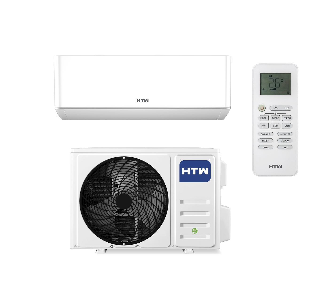 Un aire acondicionado blanco con unidad interior y exterior y mando a distancia.