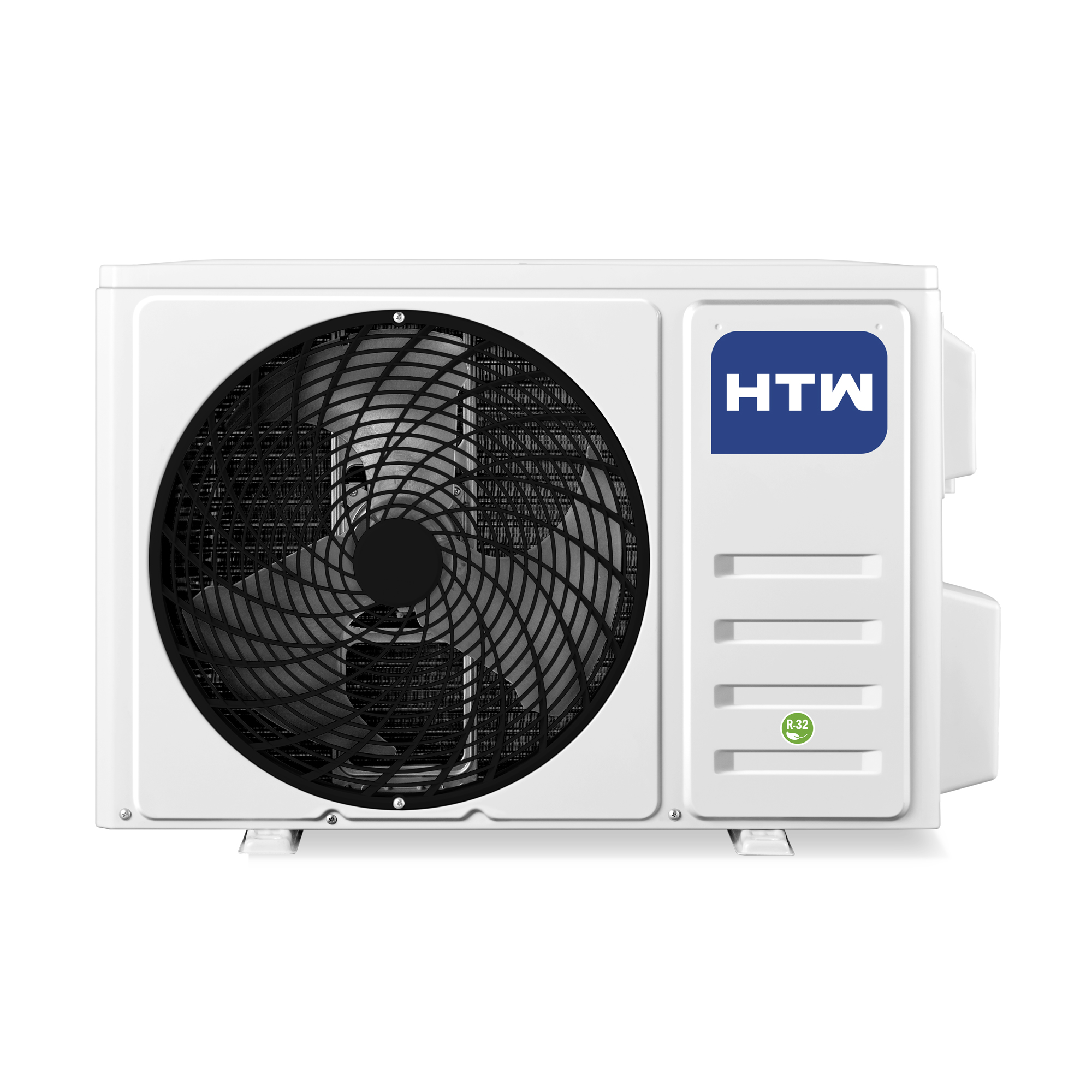 Unidad exterior de aire acondicionado blanca con ventilador y logo HTW.