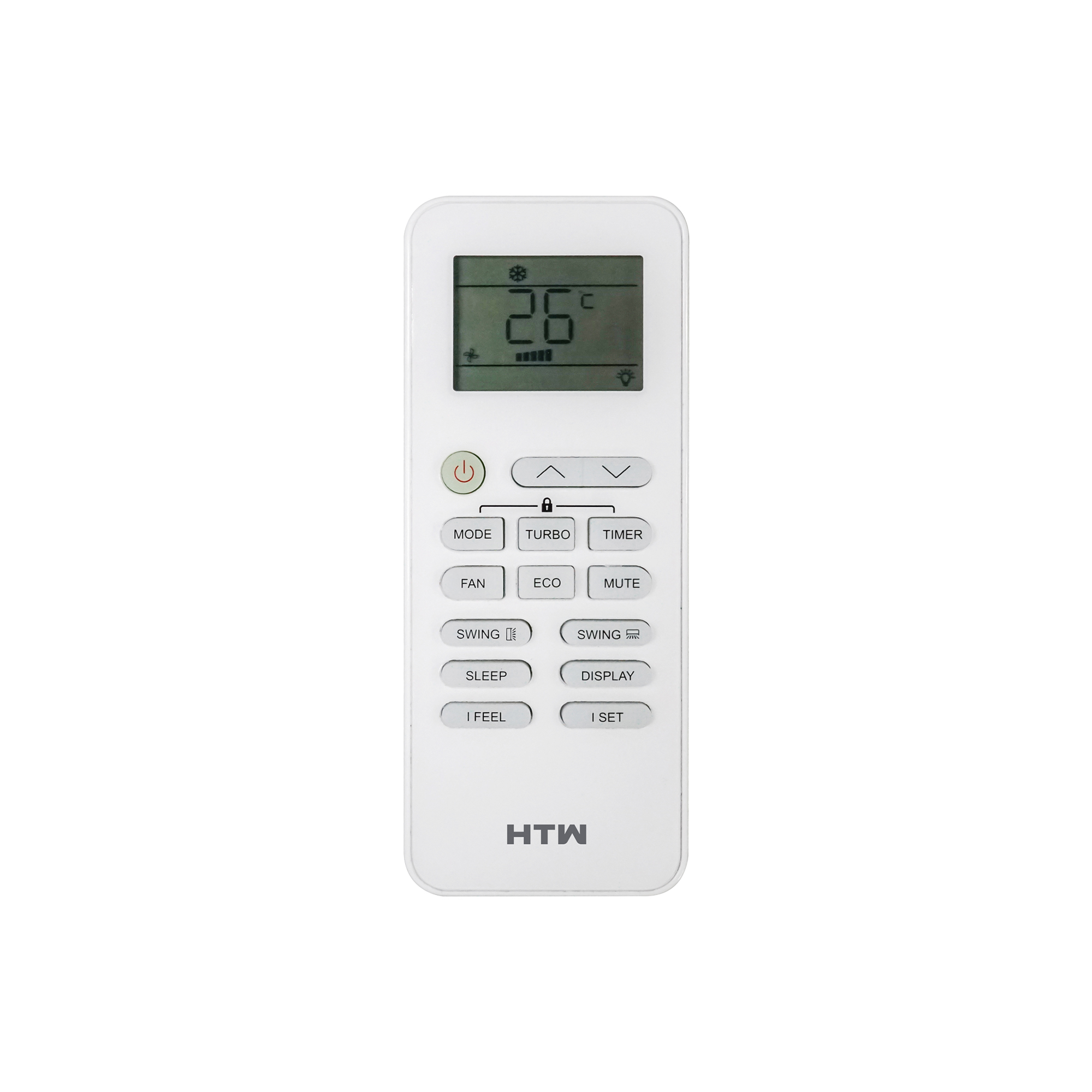 Mando a distancia blanco con pantalla LCD que muestra 26 grados.