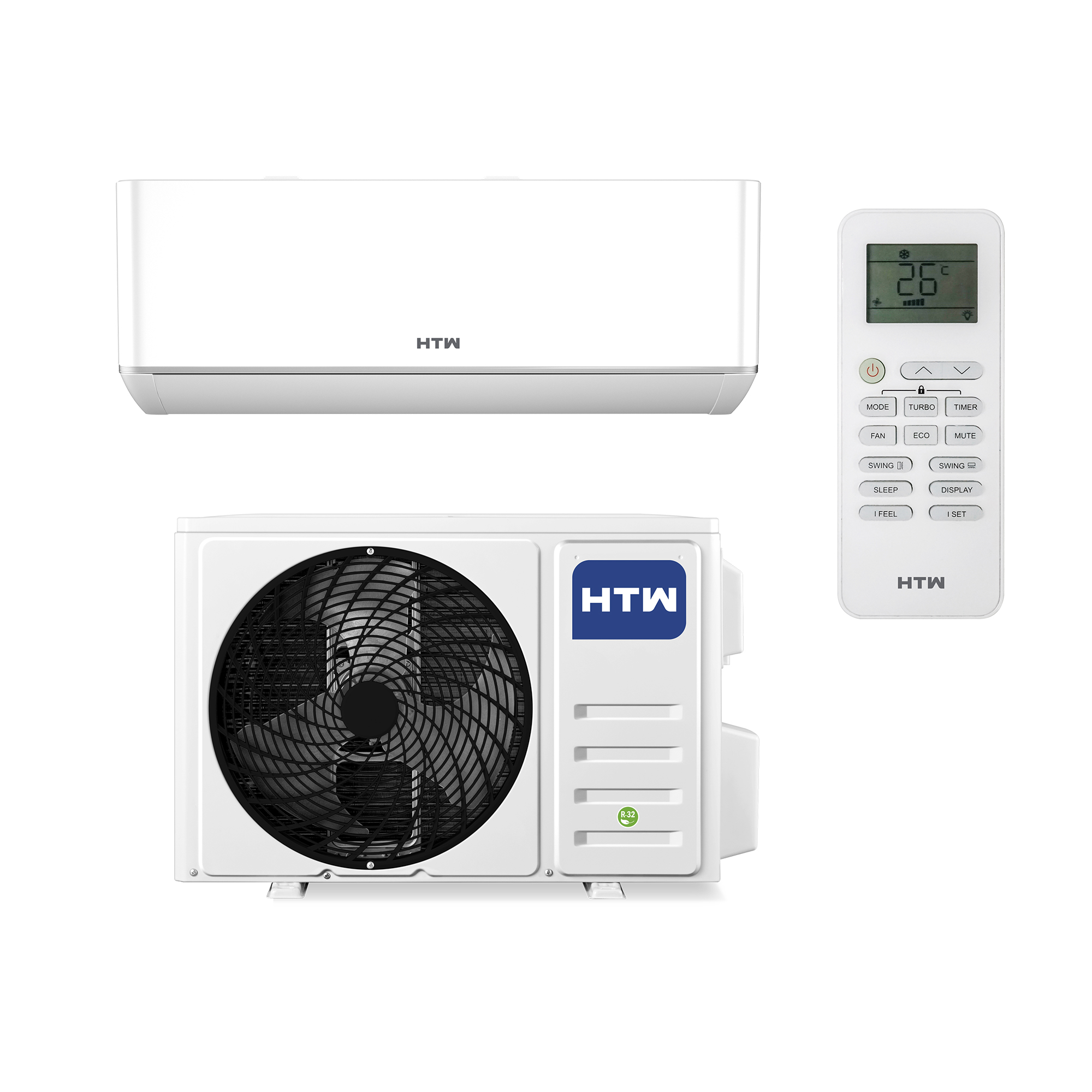 Una unidad de aire acondicionado blanca con unidad interior, exterior y mando.