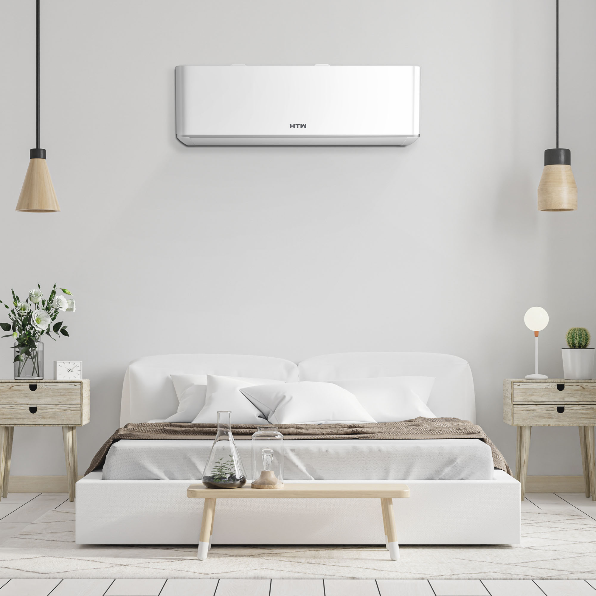 Un dormitorio con cama, mesitas de noche, lámparas y aire acondicionado.
