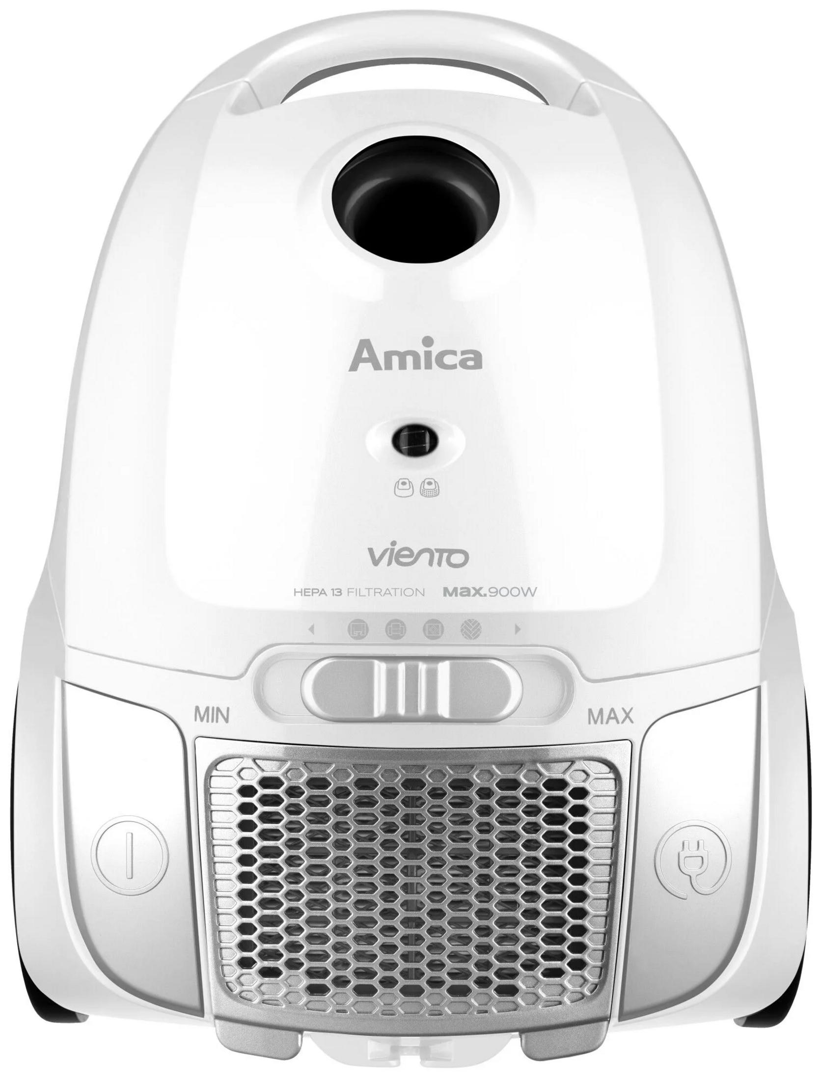 Un aspirapolvere bianco Amica Viento con filtrazione HEPA 13 e 900W.