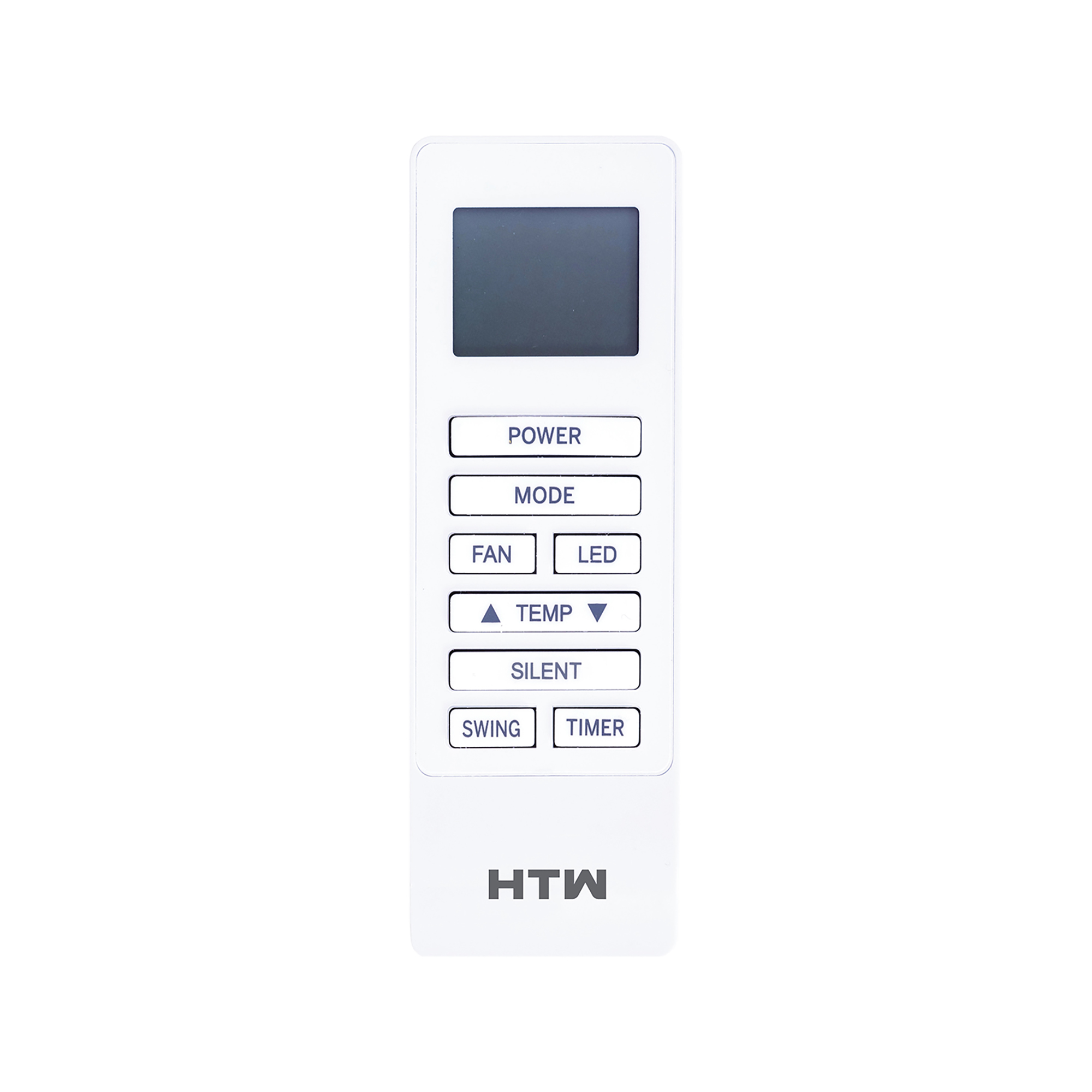 Un mando a distancia blanco con pantalla negra y botones.