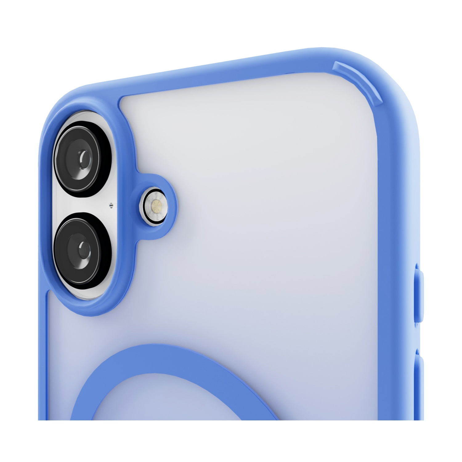 Rückseite eines Smartphones mit blauer Hülle, zwei Kameras und Blitz.