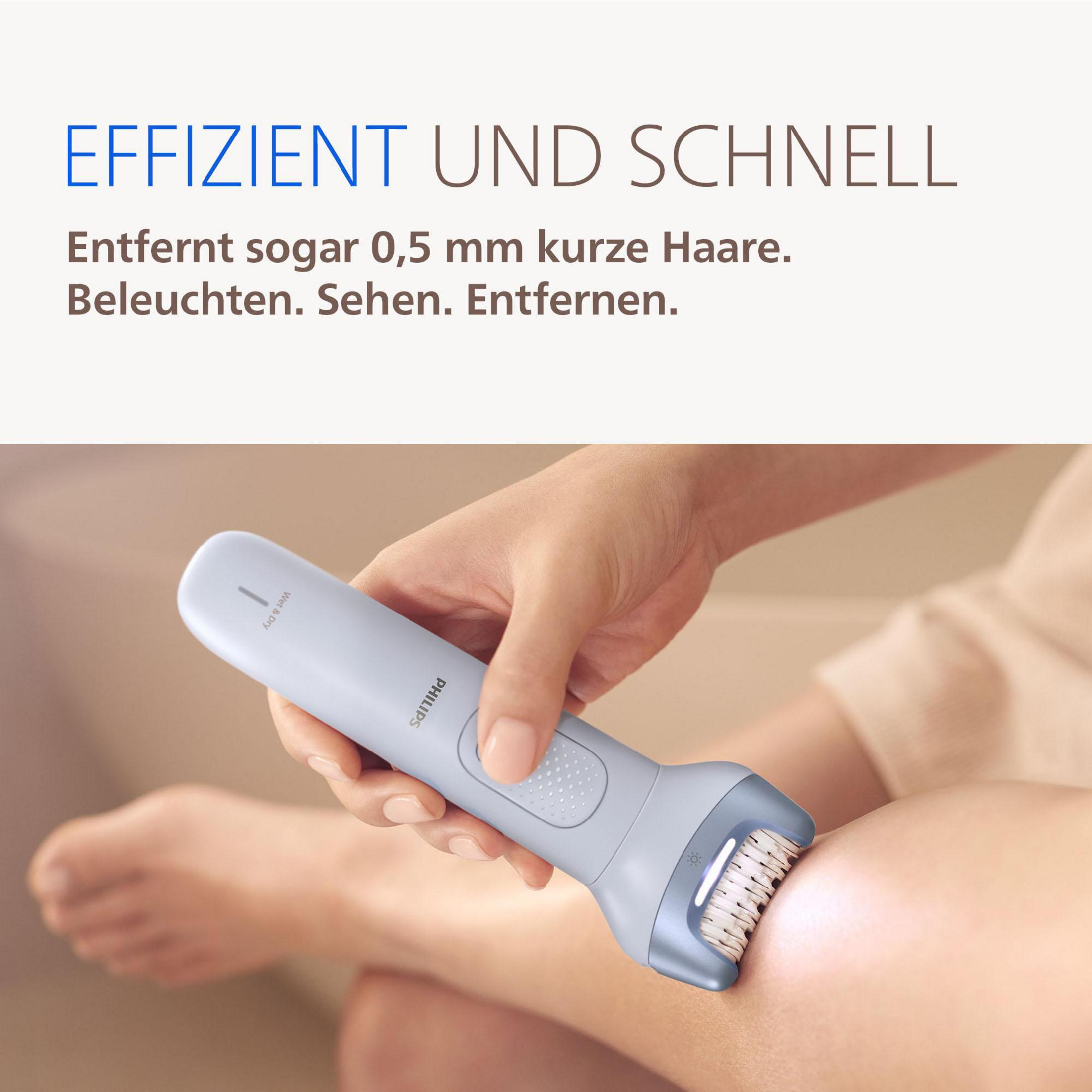 Eine Hand hält einen Philips Epilierer, der auf Haut angewendet wird.