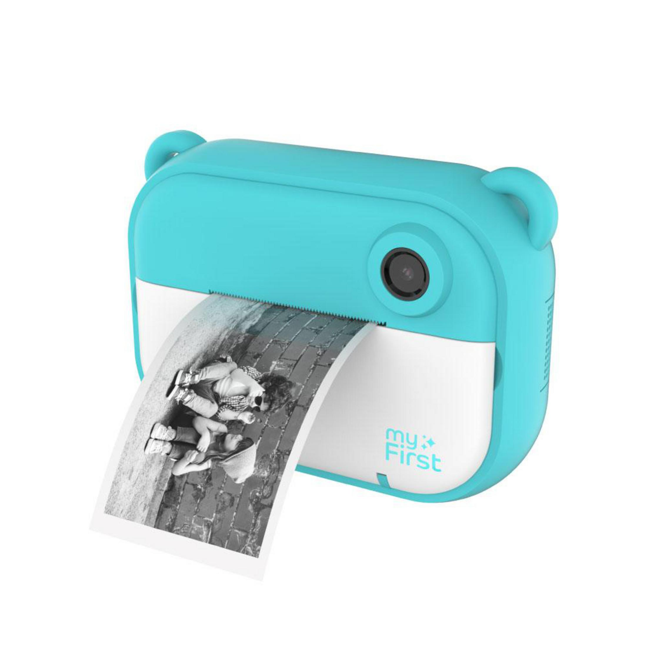 Una impresora de juguete azul para niños, imprimiendo una foto de un niño.