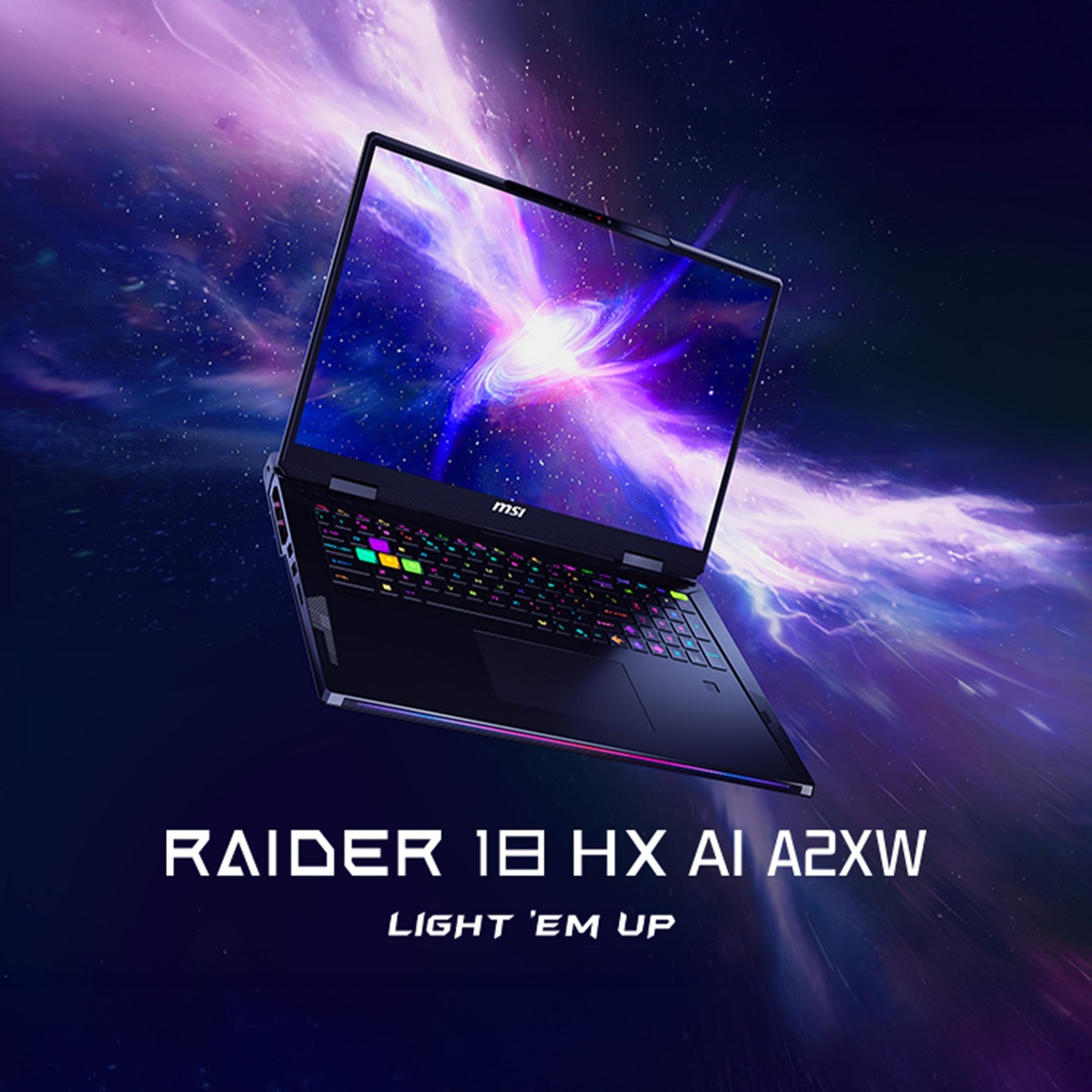 Un laptop MSI nero con tastiera retroilluminata fluttua su uno sfondo cosmico.