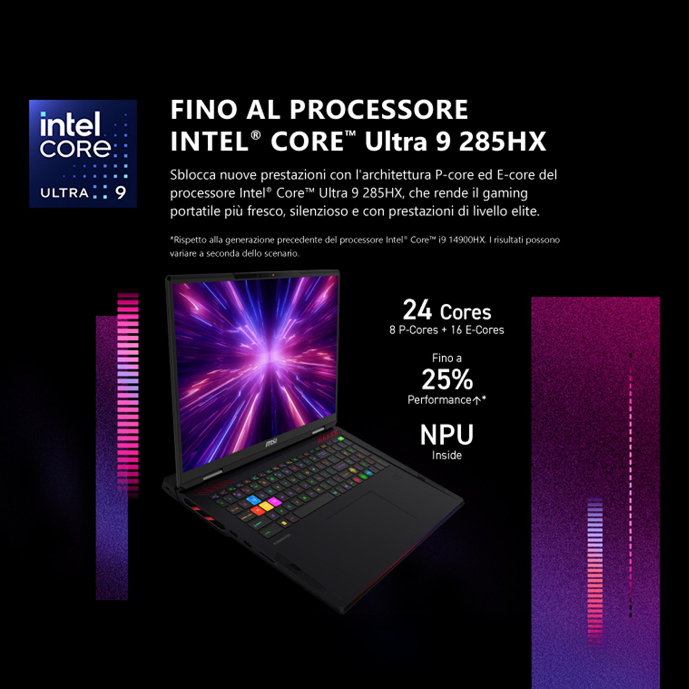 Un laptop nero con tastiera illuminata e logo Intel Core Ultra 9. Motivi astratti.