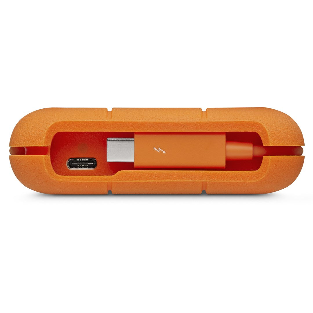 Un disco externo naranja con cable Thunderbolt y puerto USB-C.