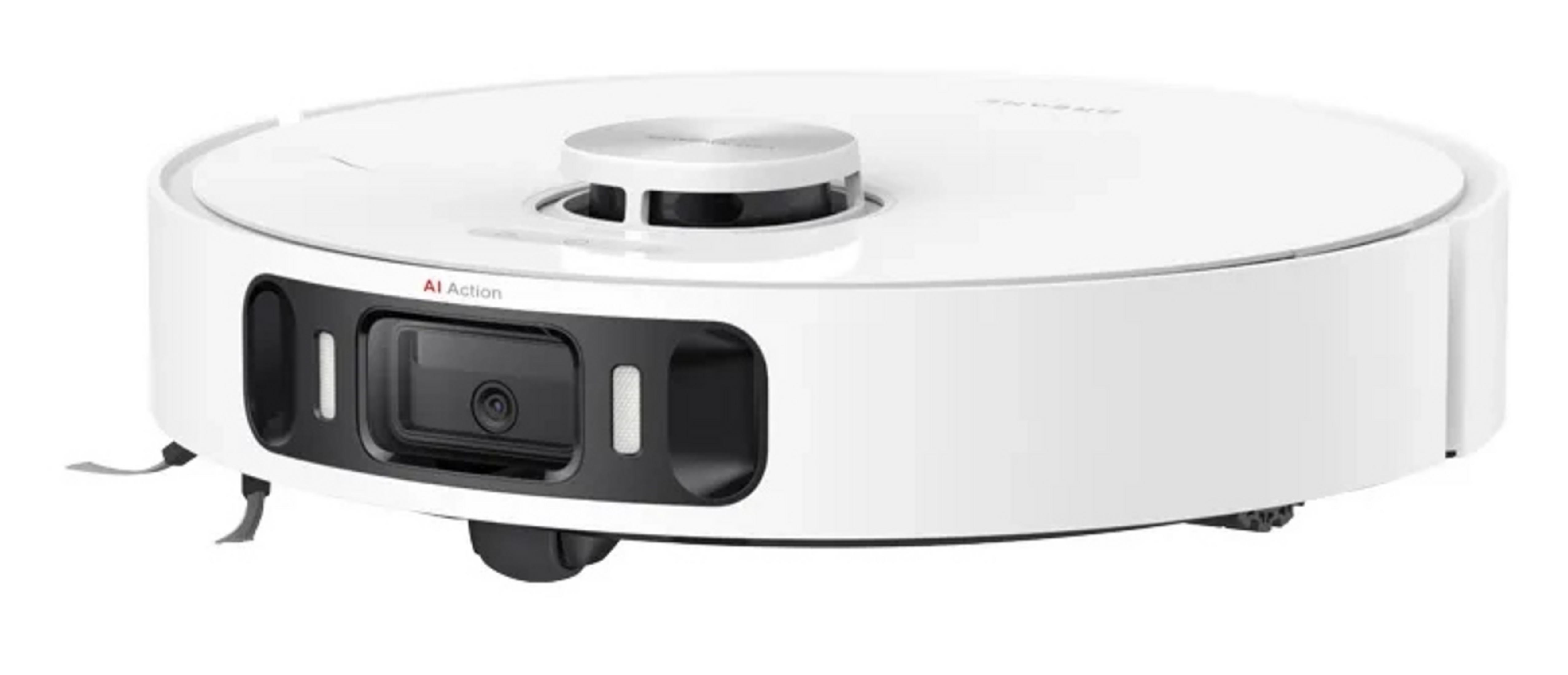 Un robot aspirapolvere bianco con telecamera frontale nera e pulsante superiore argentato.