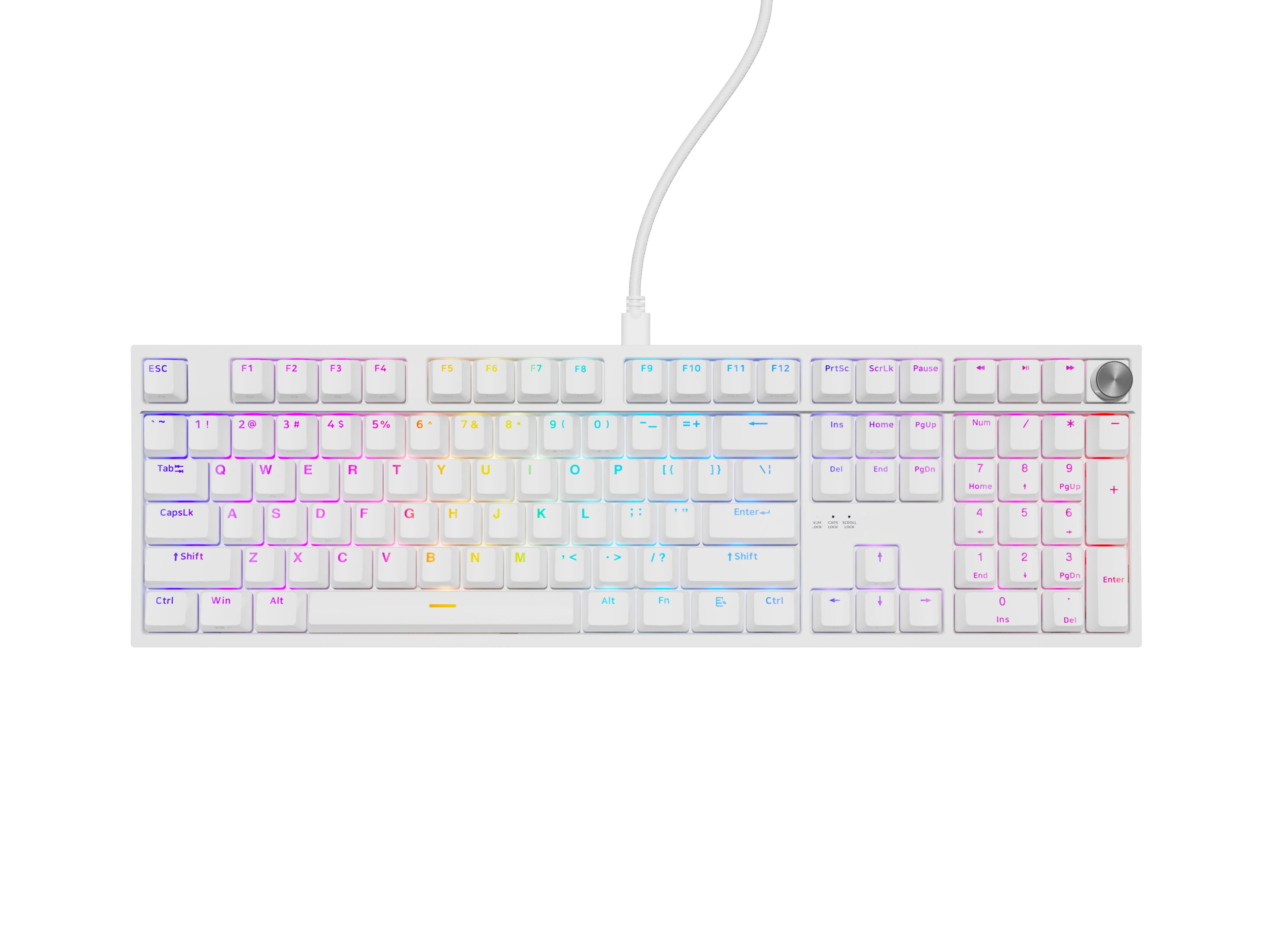 Una tastiera bianca con retroilluminazione RGB e una manopola rotante.