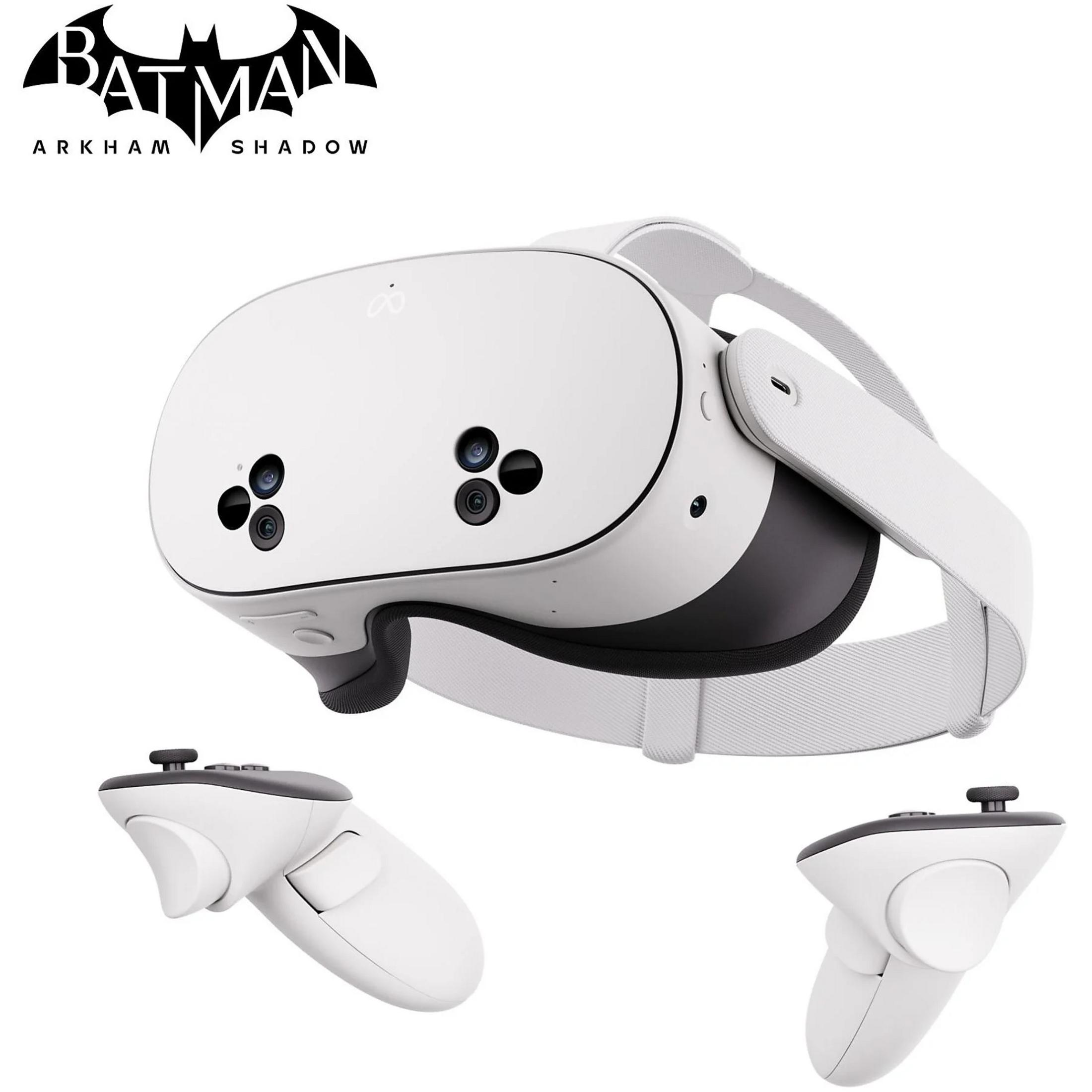 Visore VR bianco e controller con logo Batman Arkham Shadow.