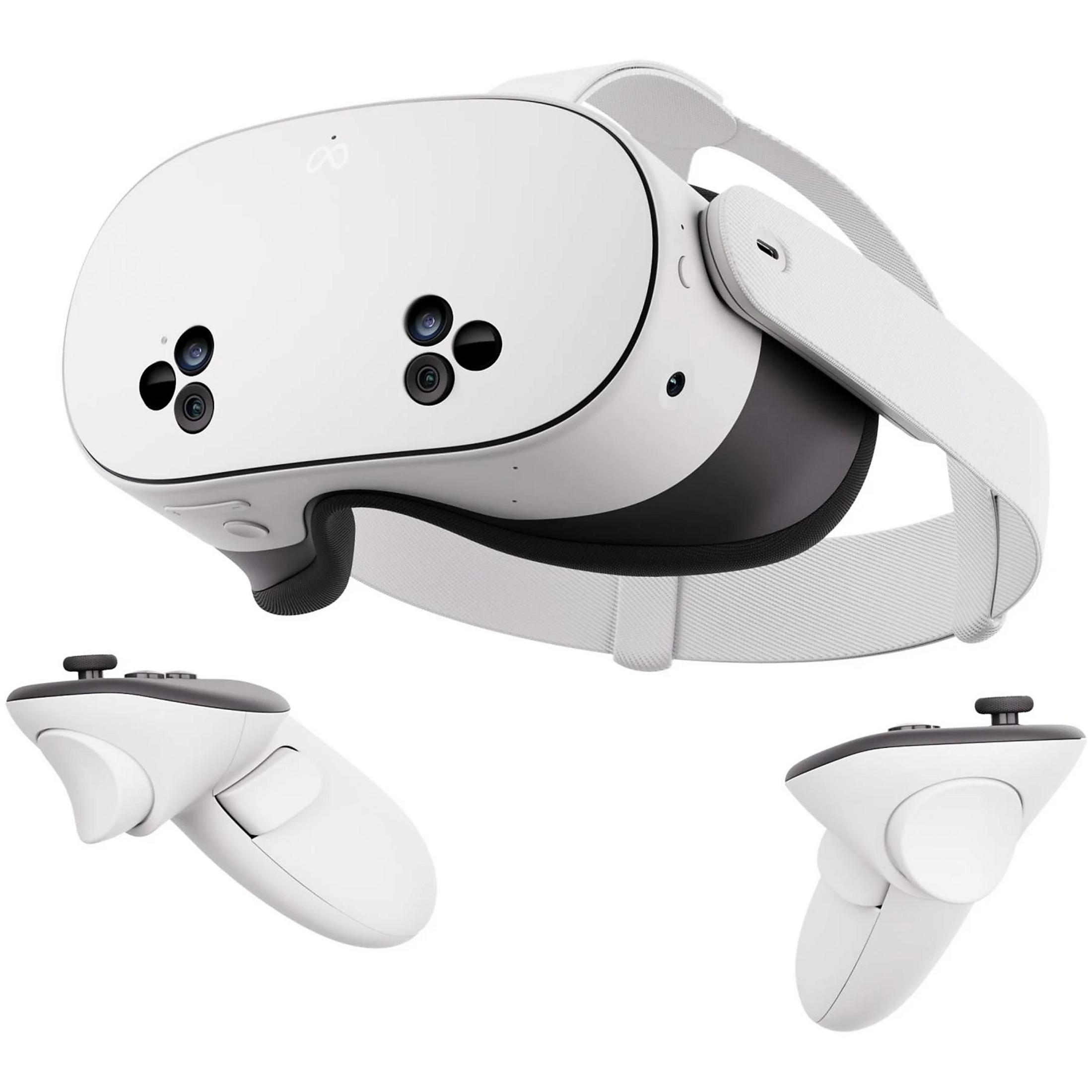 Visore VR bianco con due controller su sfondo bianco.