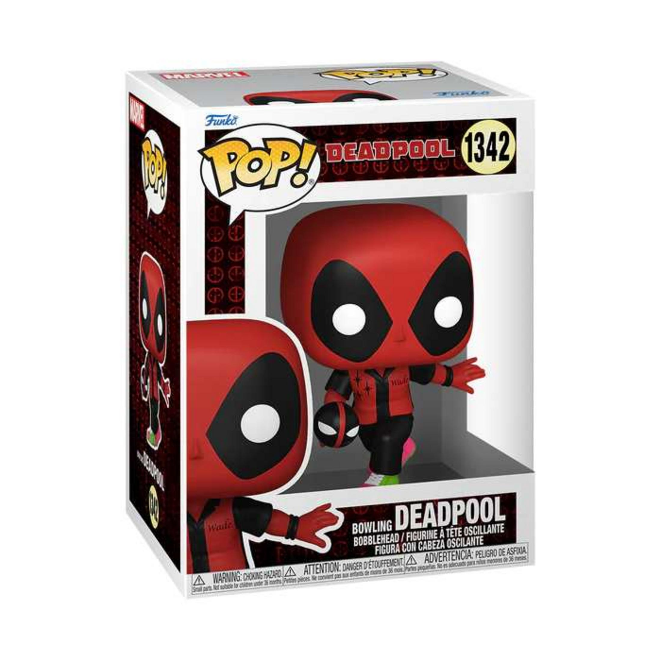 Muñeco Funko Pop! Deadpool 1342 en su caja, sosteniendo una bola de bolos.