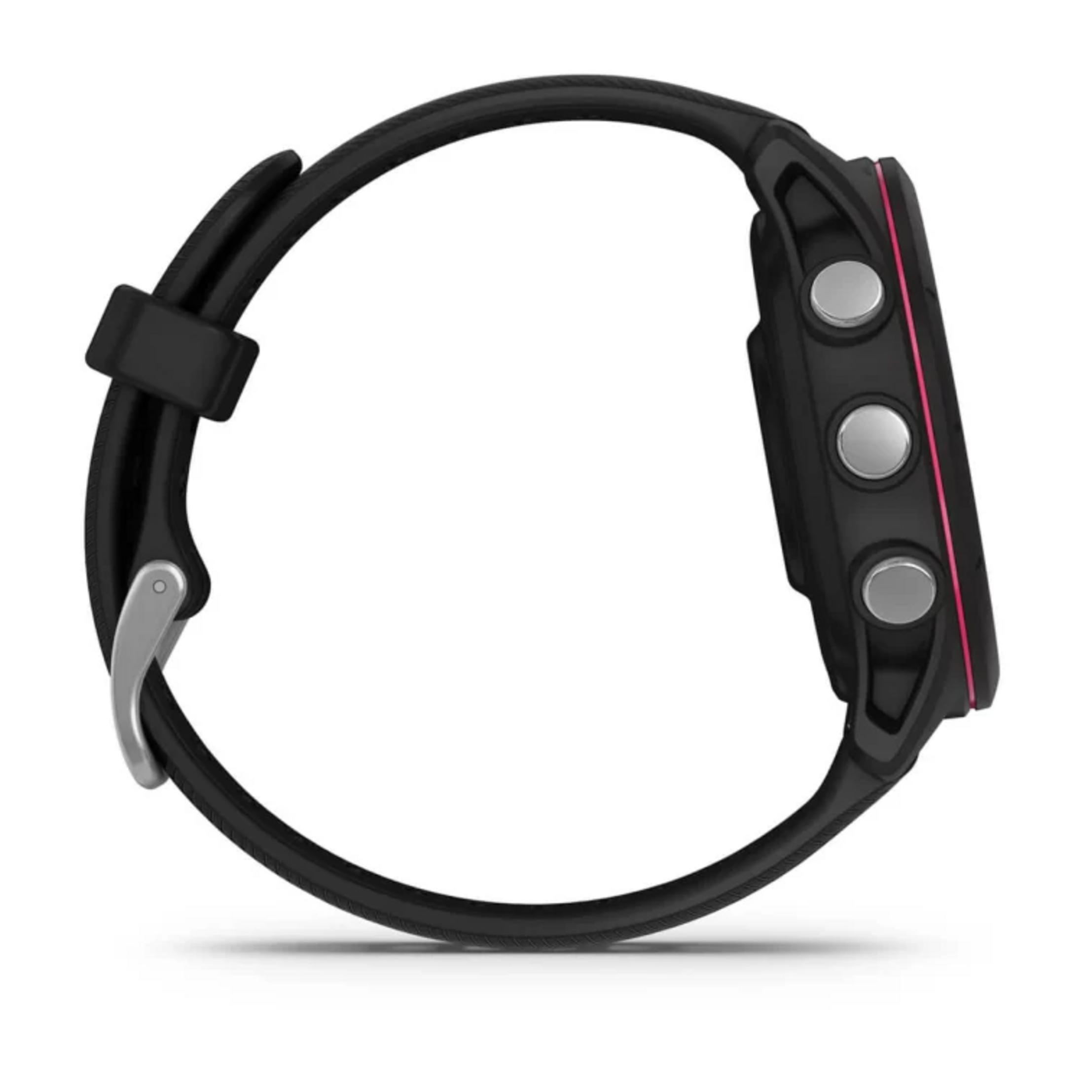 Schwarze Smartwatch mit silbernen Knöpfen und pinken Akzenten. Weißer Hintergrund.