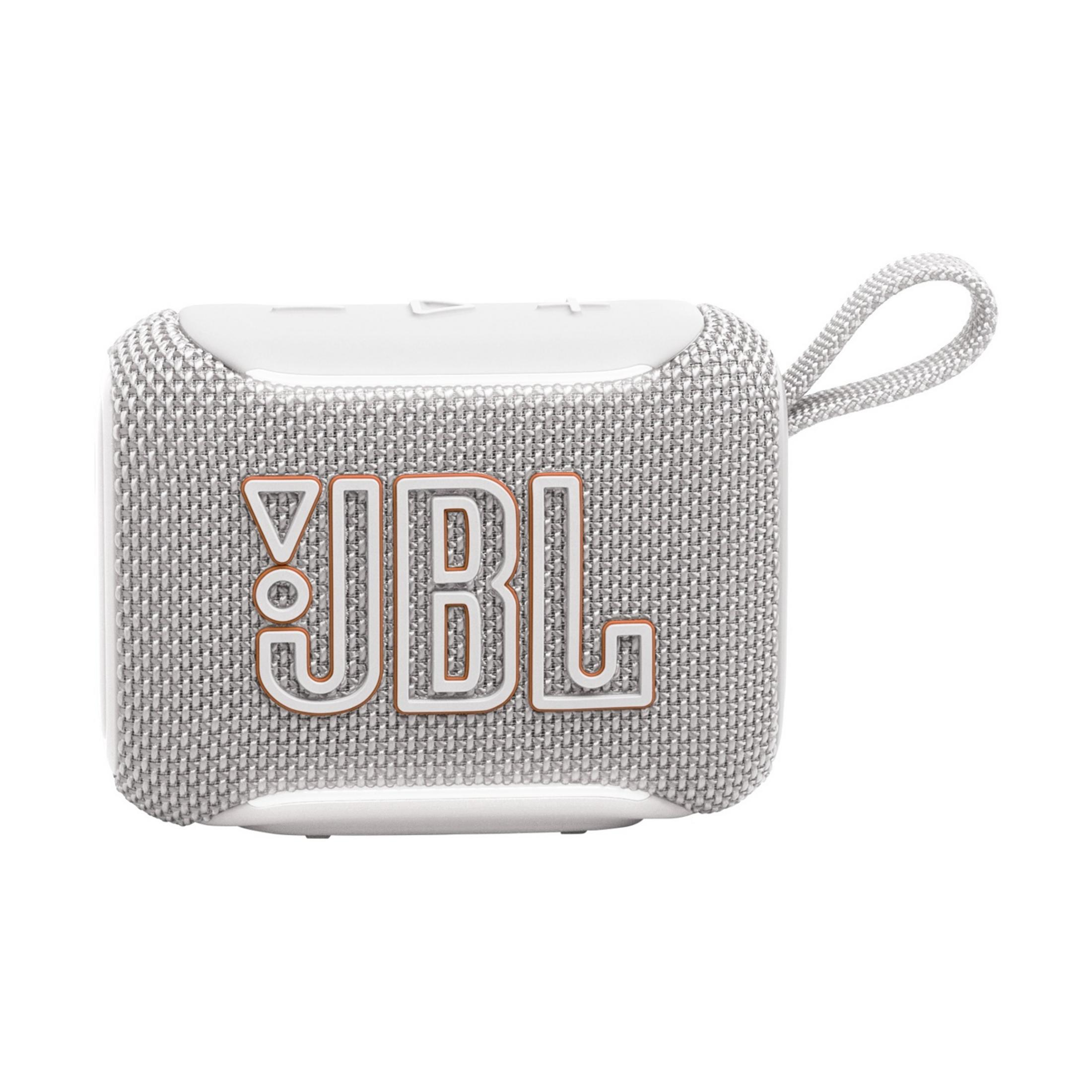 Altoparlante Bluetooth JBL bianco con copertura in tessuto e tracolla.