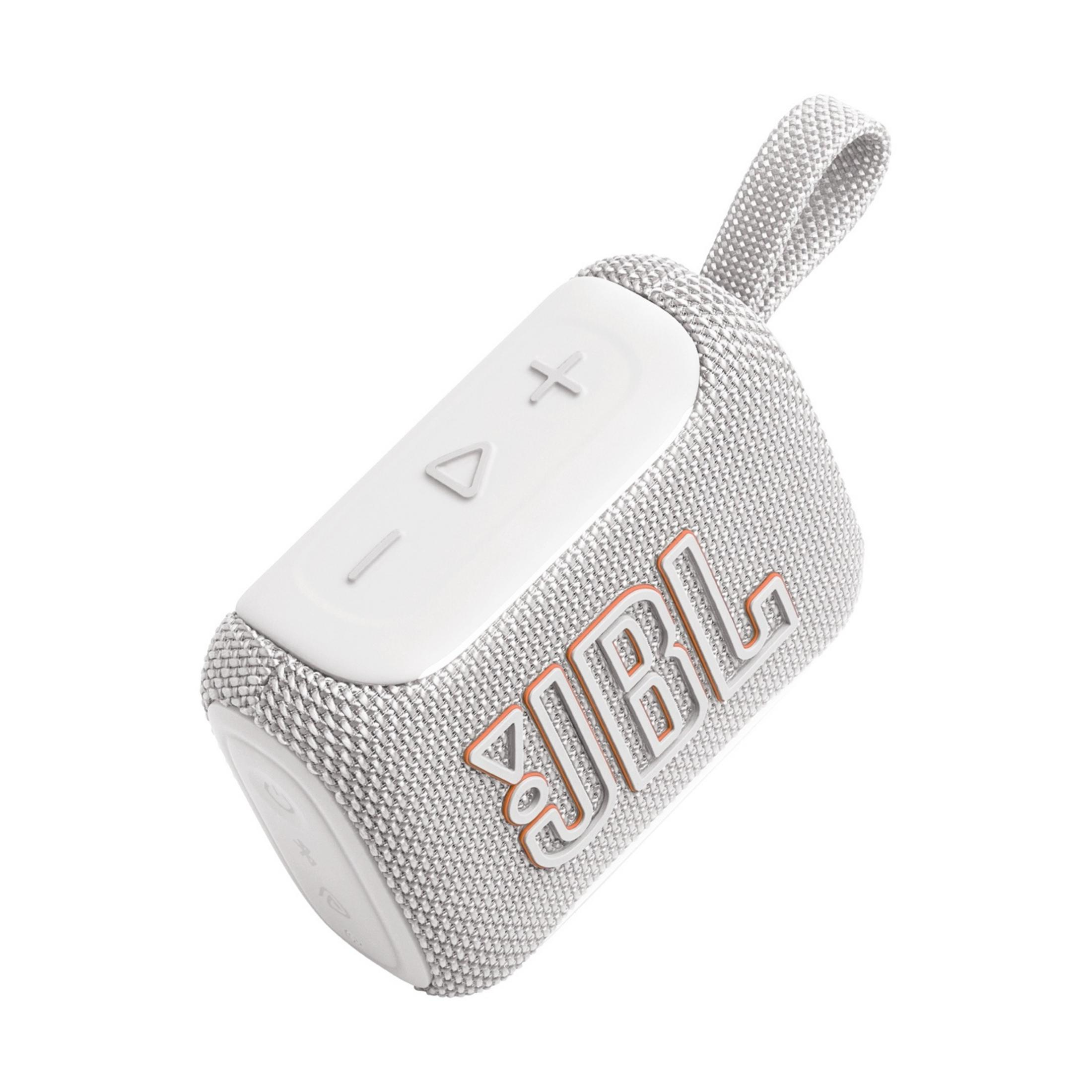 Altoparlante JBL grigio con logo arancione e pulsanti.