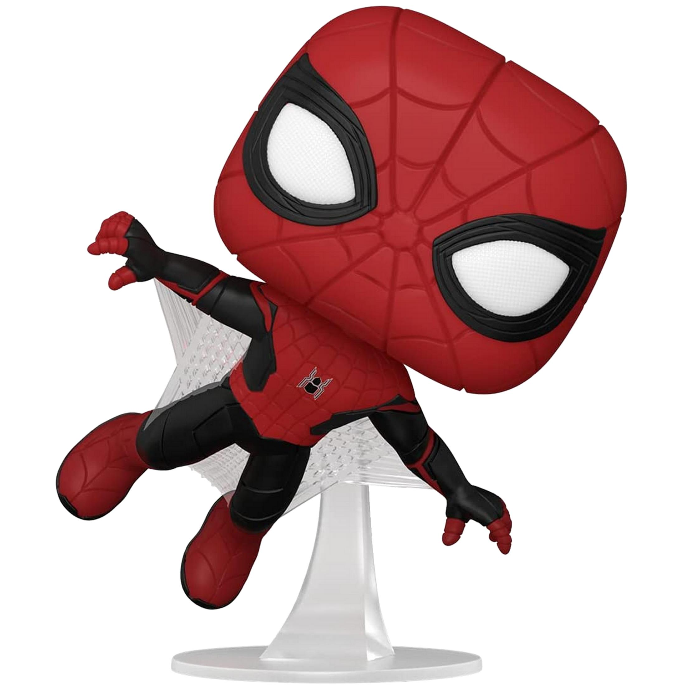 Una figura roja y negra de Spiderman con red sobre un soporte.