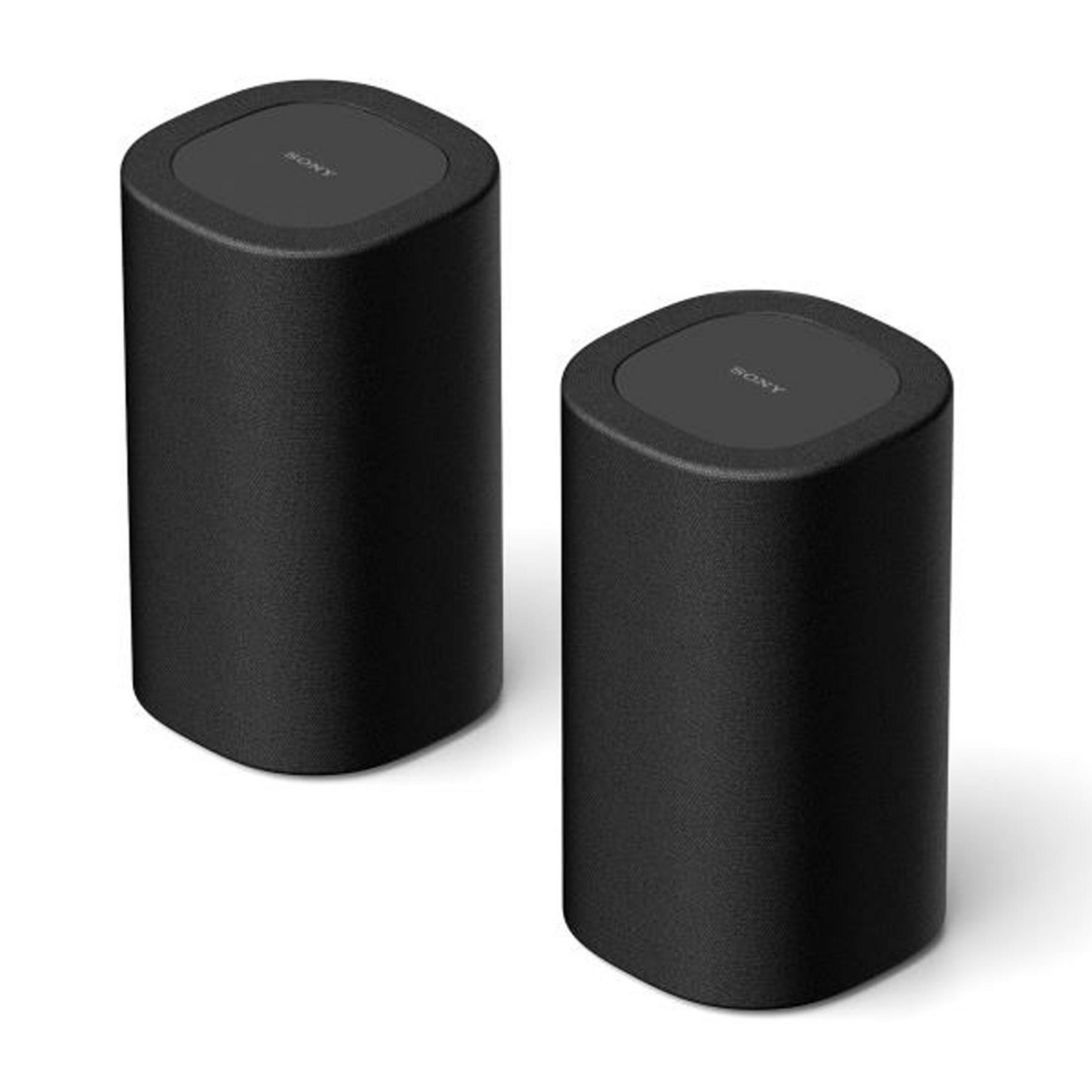 Zwei schwarze Sony-Lautsprecher stehen nebeneinander auf weißem Grund.