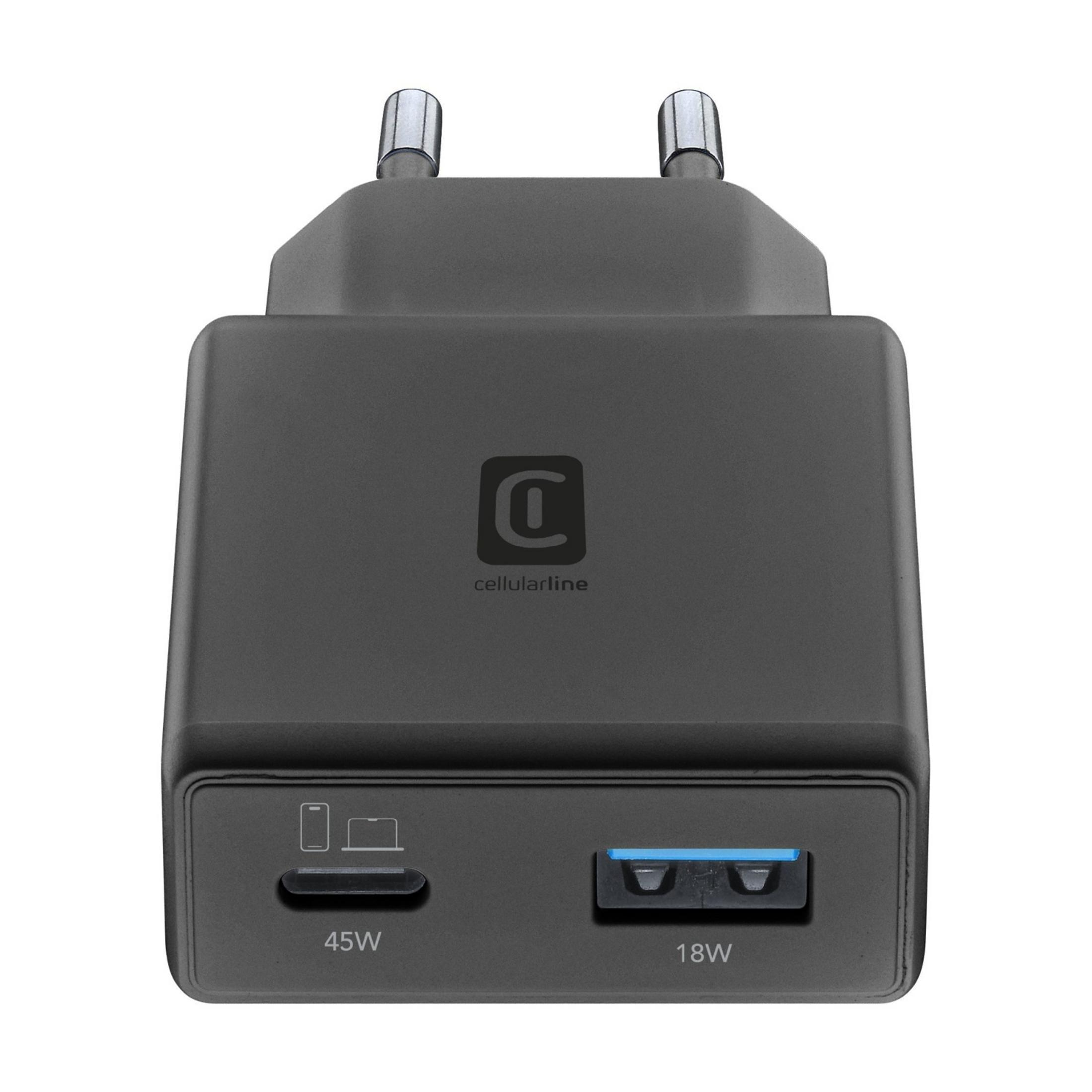 Schwarzer USB-C-Ladegerät mit 45W und USB-A-Port mit 18W.