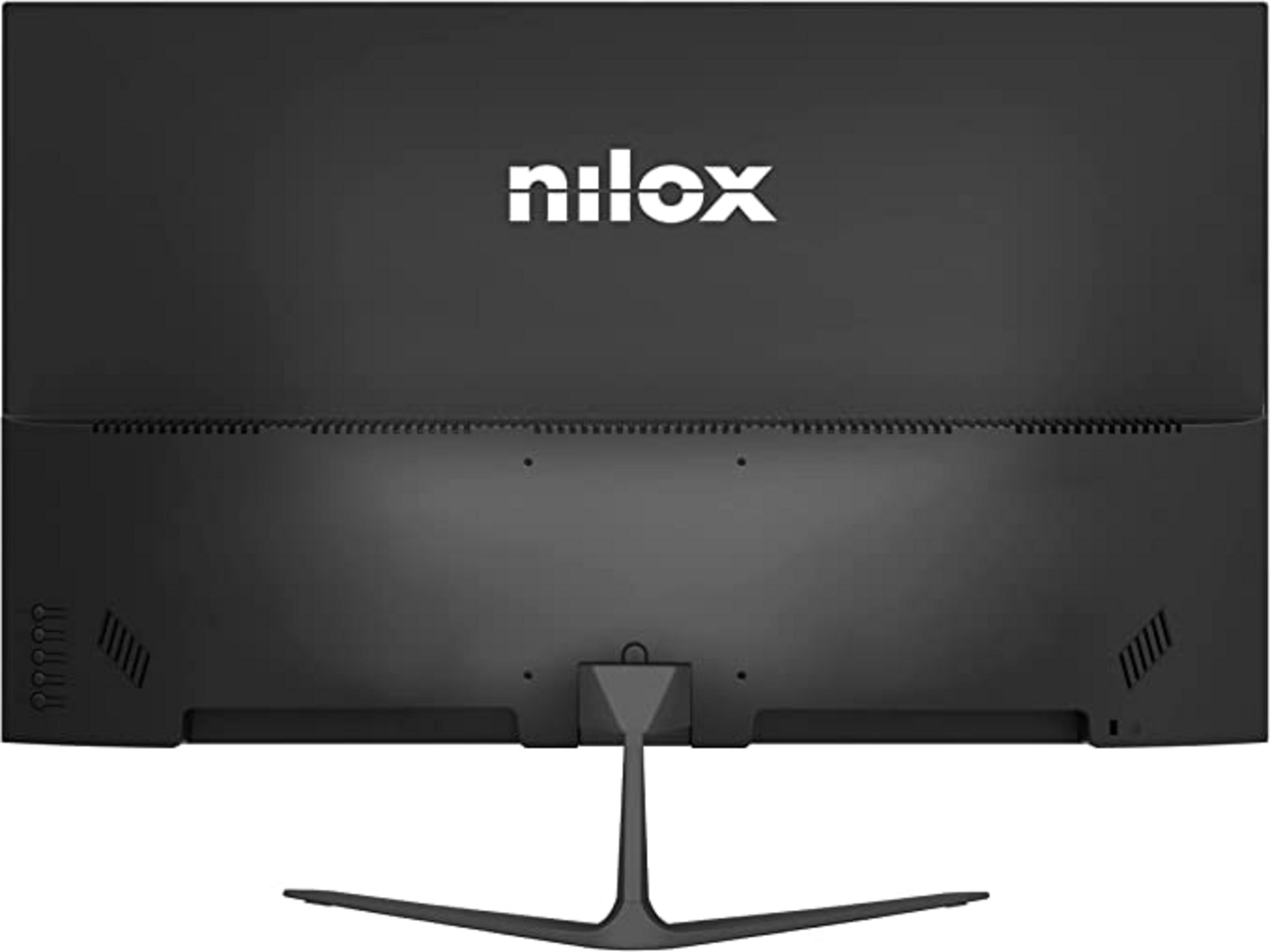 Retro di un monitor nero con logo Nilox e supporto a tre gambe.
