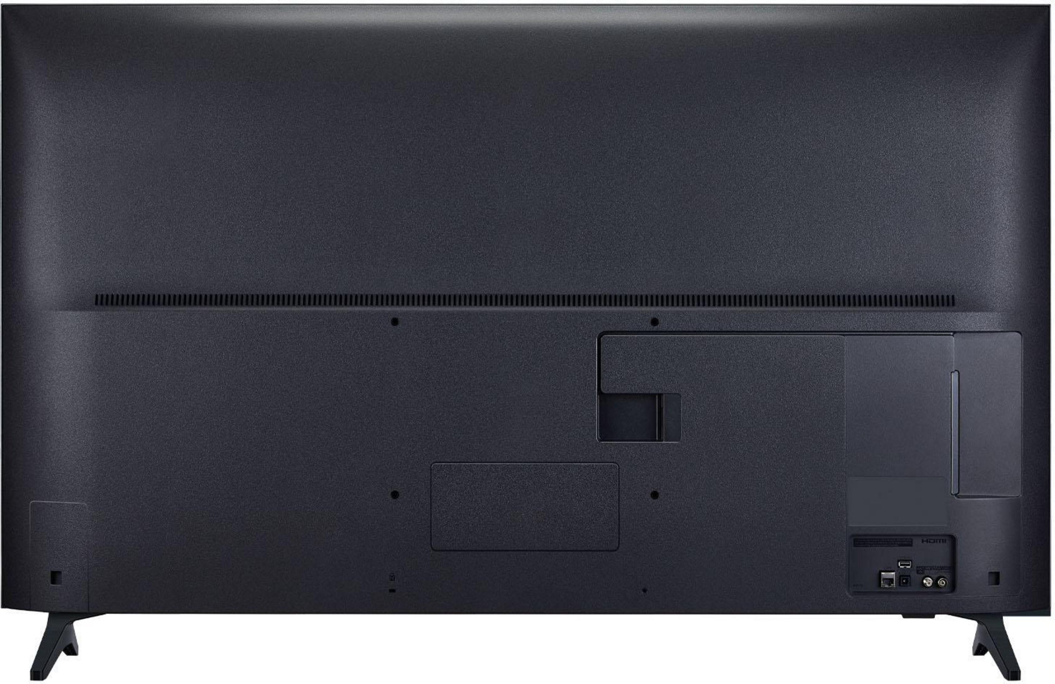 Parte trasera de un televisor negro con puertos y ranuras de ventilación.