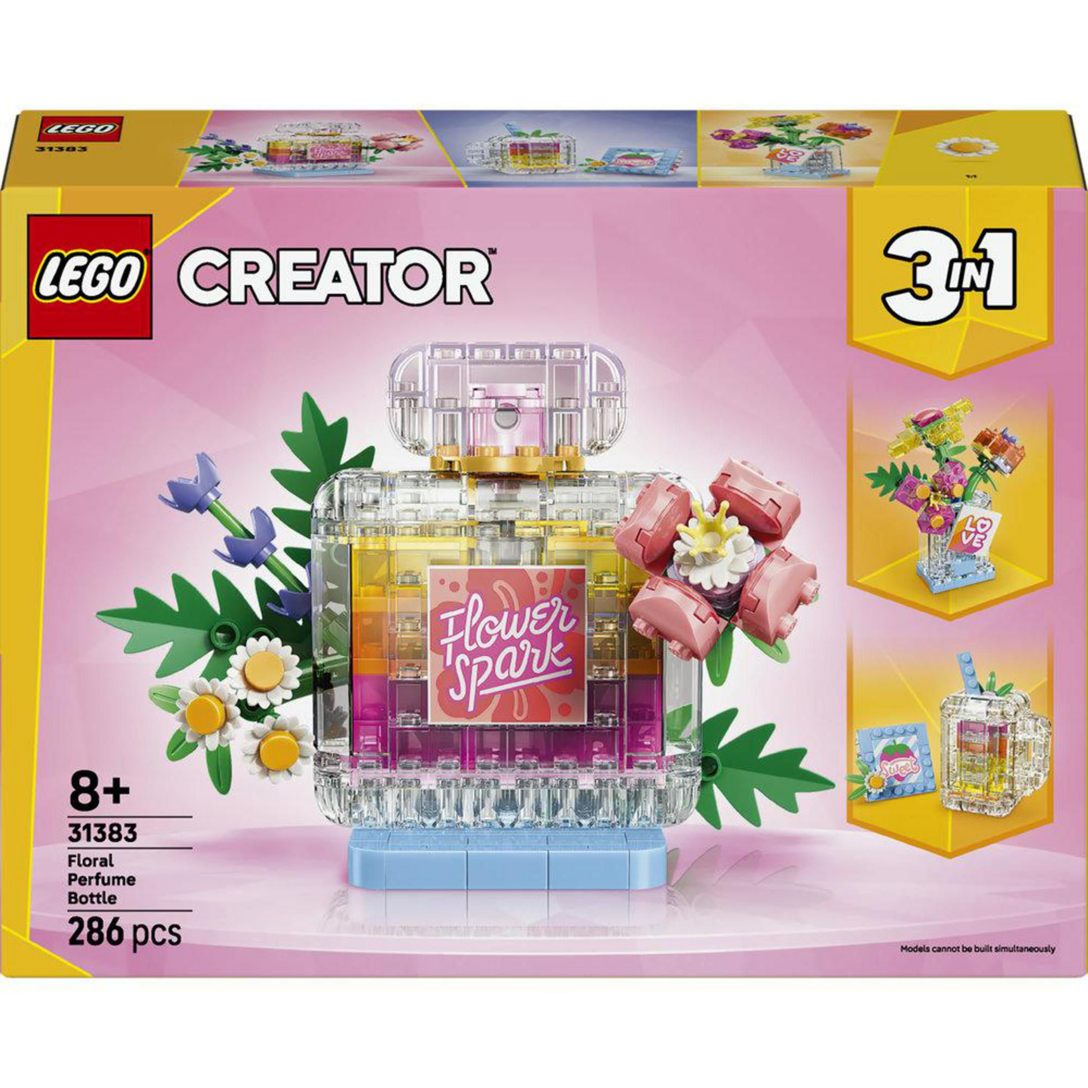 LEGO Creator Seti: 286 parçalı Çiçekli Parfüm Şişesi, 3 yapım seçeneğiyle.
