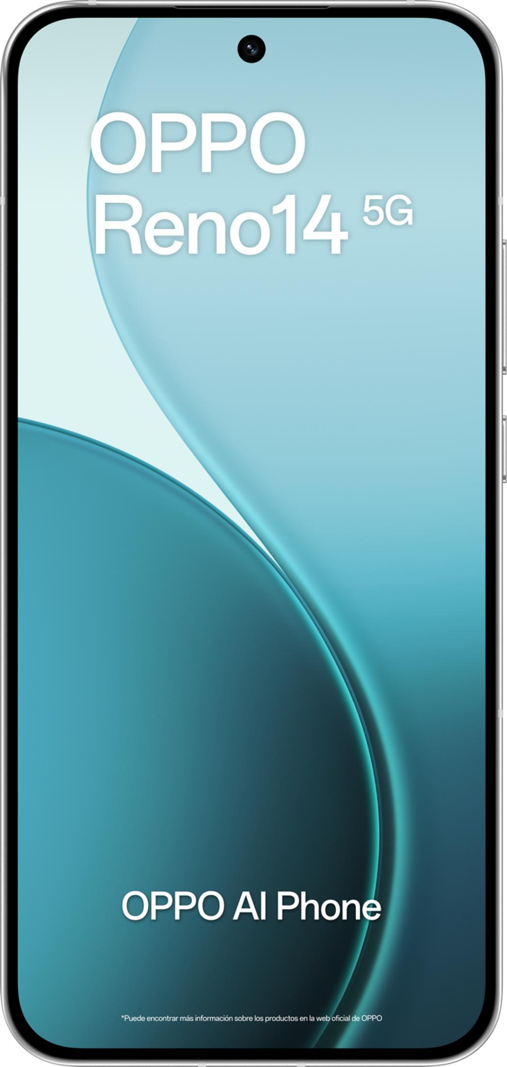 Telefono OPPO Reno14 5G con testo OPPO AI Phone su sfondo blu.