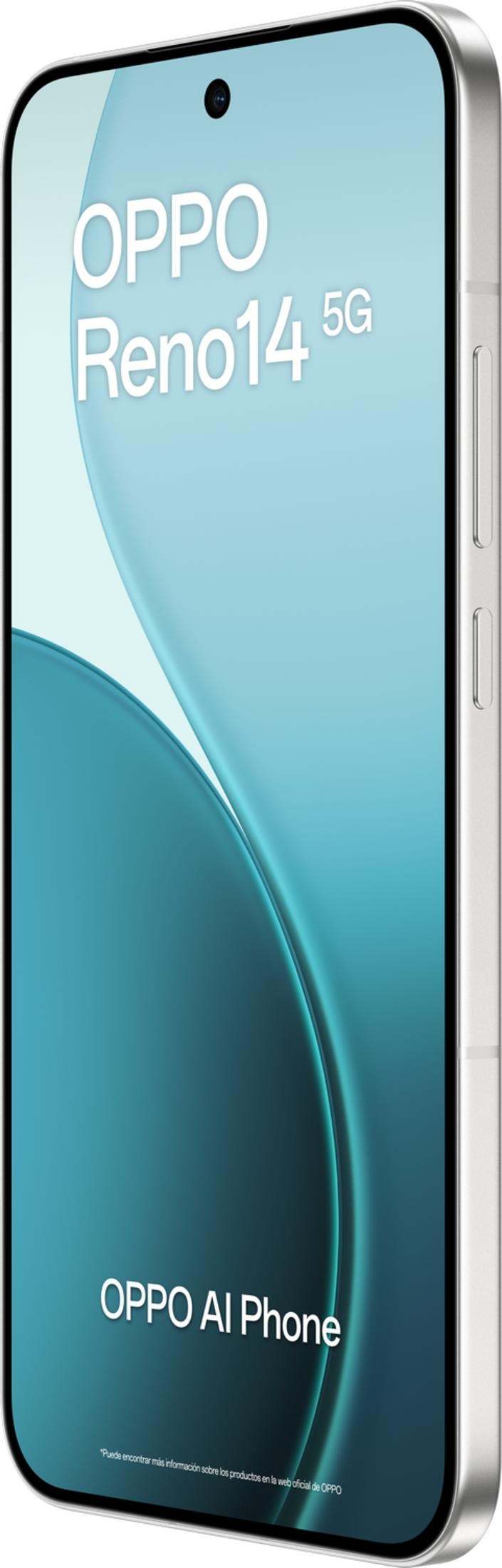Uno smartphone OPPO Reno14 5G con testo OPPO AI Phone su sfondo blu.