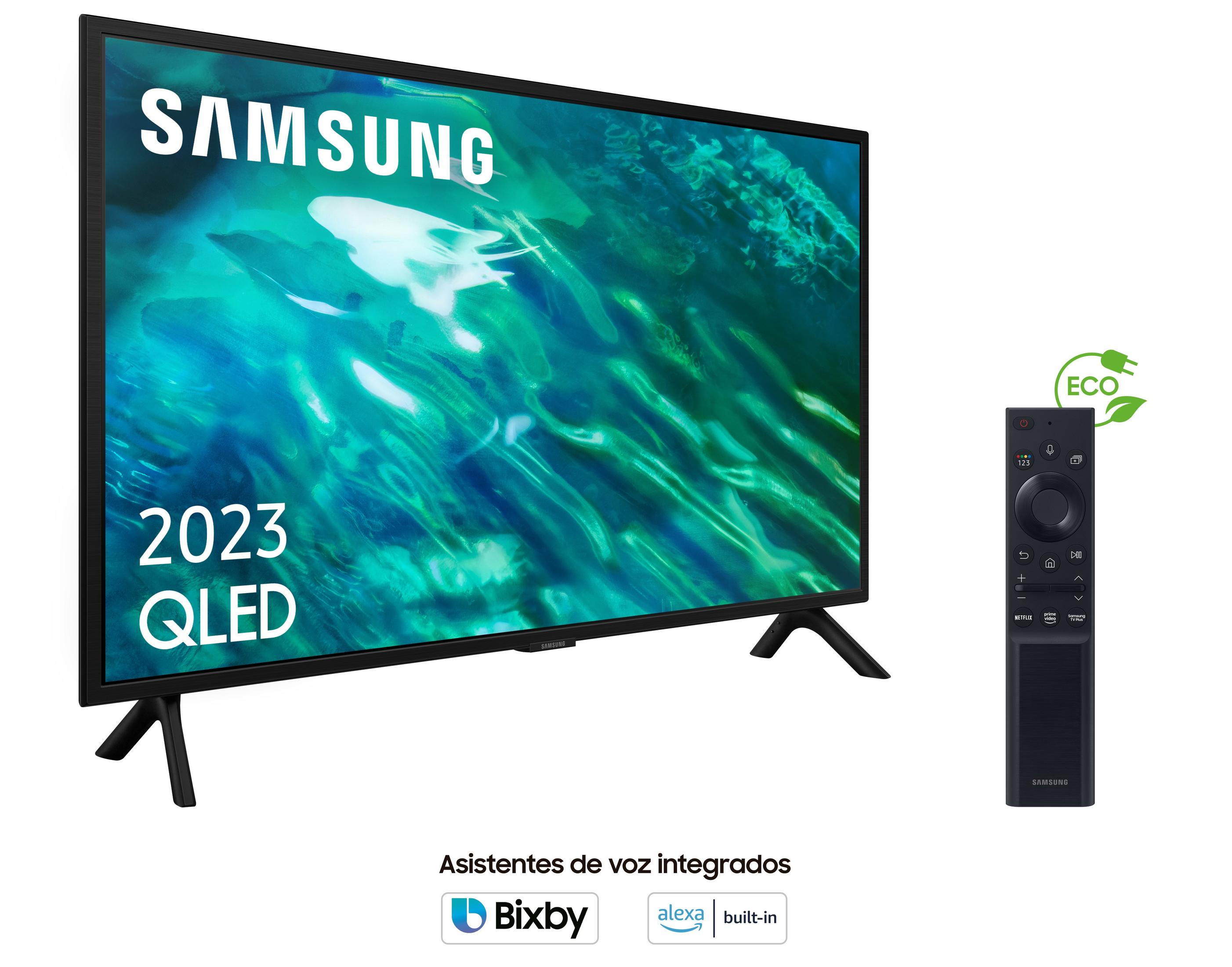 Un TV Samsung QLED 2023 con mando y símbolo ECO.