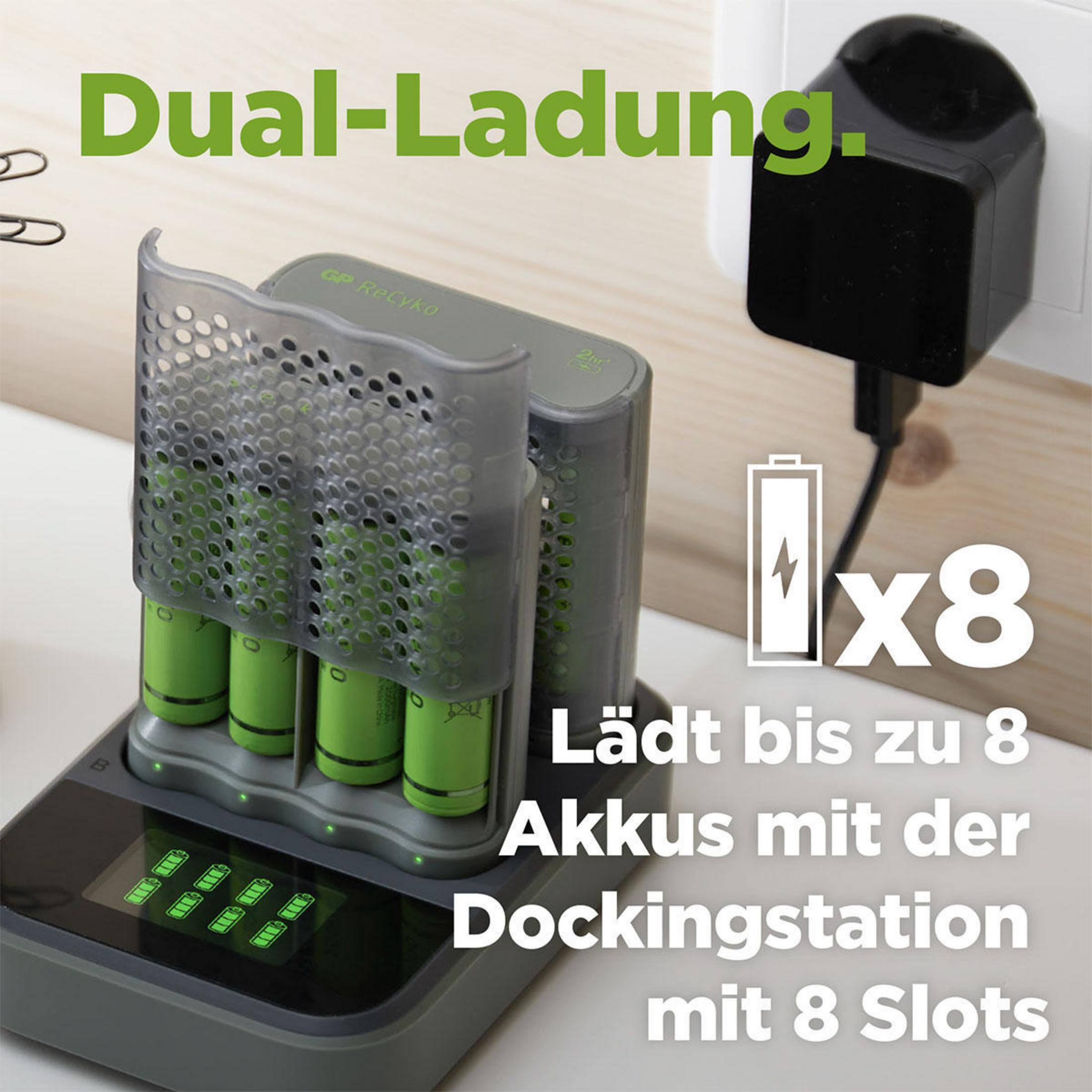 Ladegerät mit 8 grünen Akkus und Ladeanzeige.