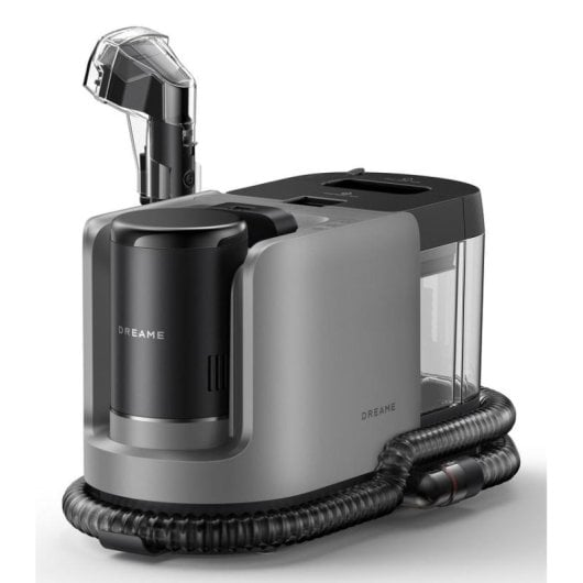Purificatore d'aria grigio e nero con tubo e serbatoio.