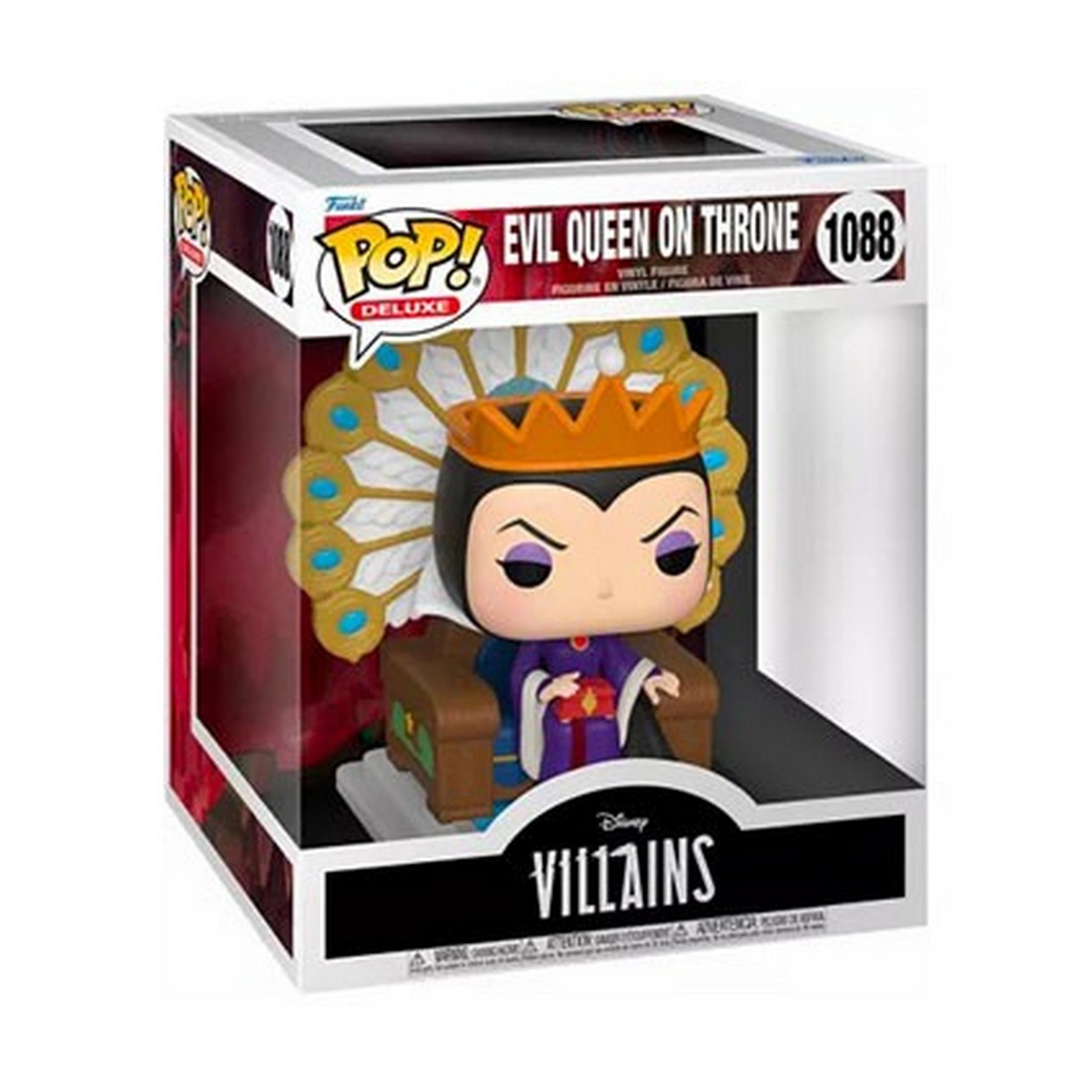 Figurka Funko Pop! Deluxe Złej Królowej na tronie z pawimi piórami w tle.