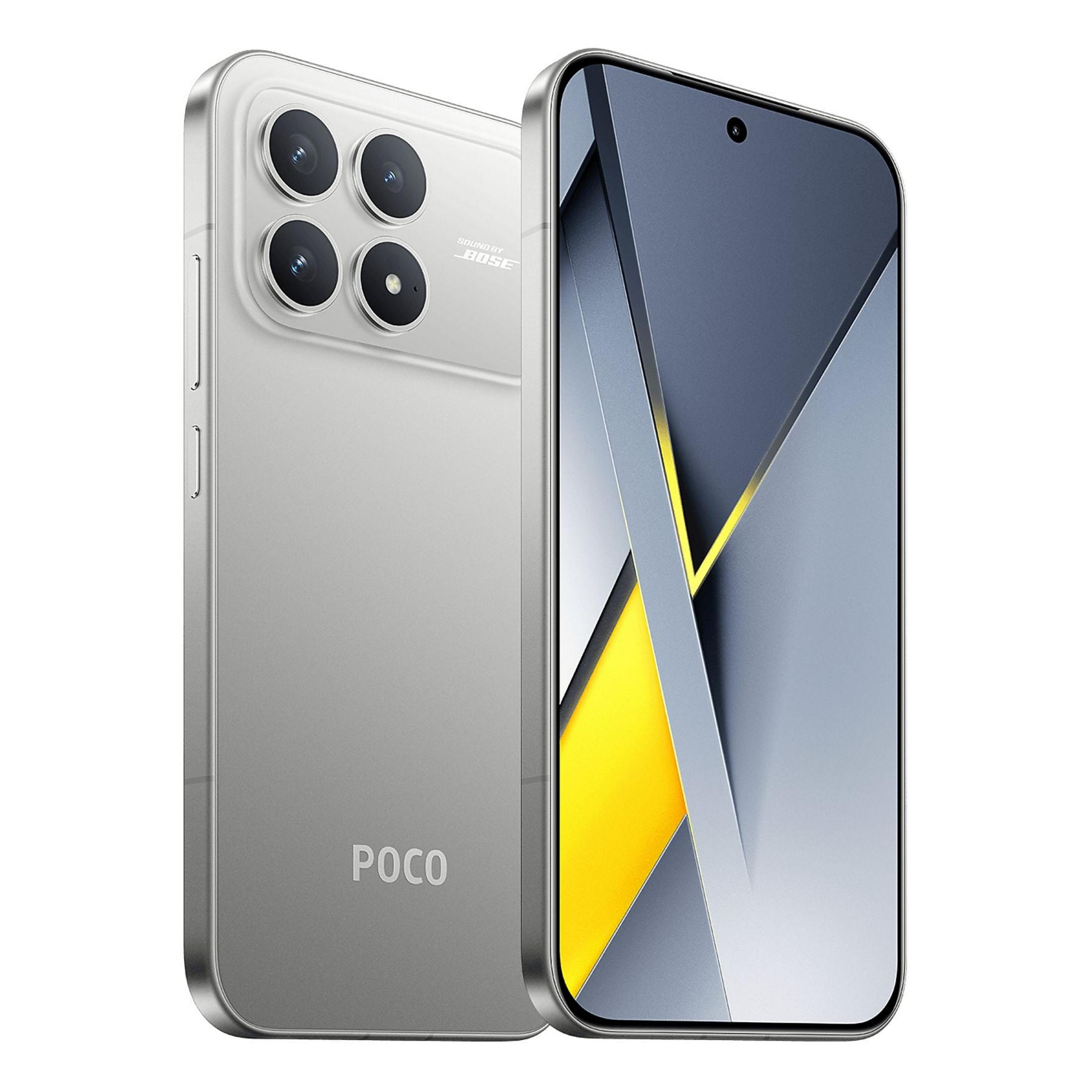 Smartphone argentato con quattro fotocamere e logo POCO. Lo schermo mostra motivi astratti gialli e grigi.
