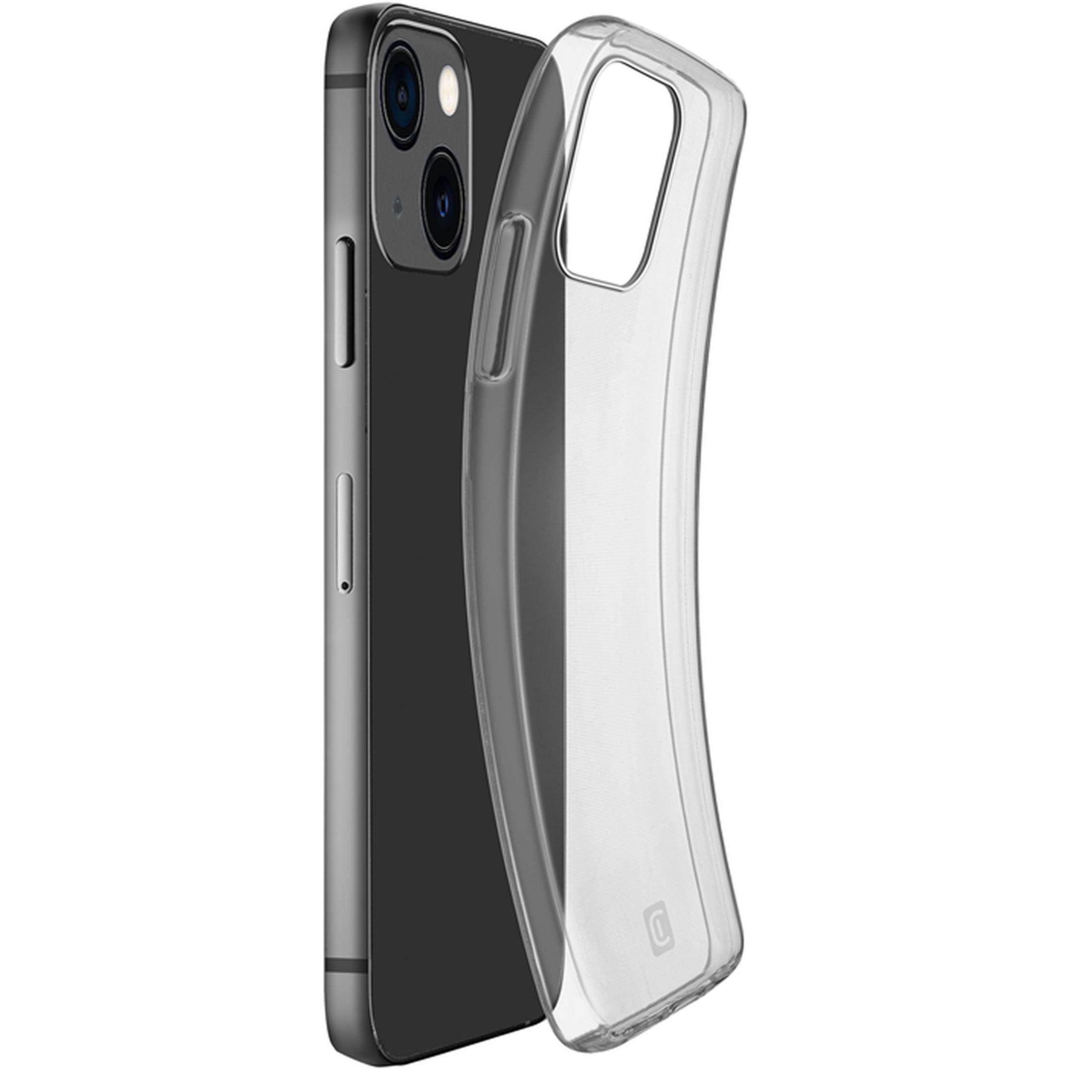 Una custodia trasparente per telefono giace accanto a uno smartphone nero.