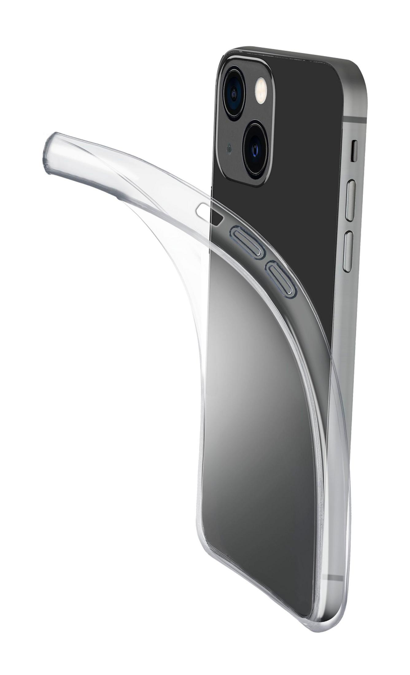 Una cover trasparente circonda uno smartphone scuro con due fotocamere.