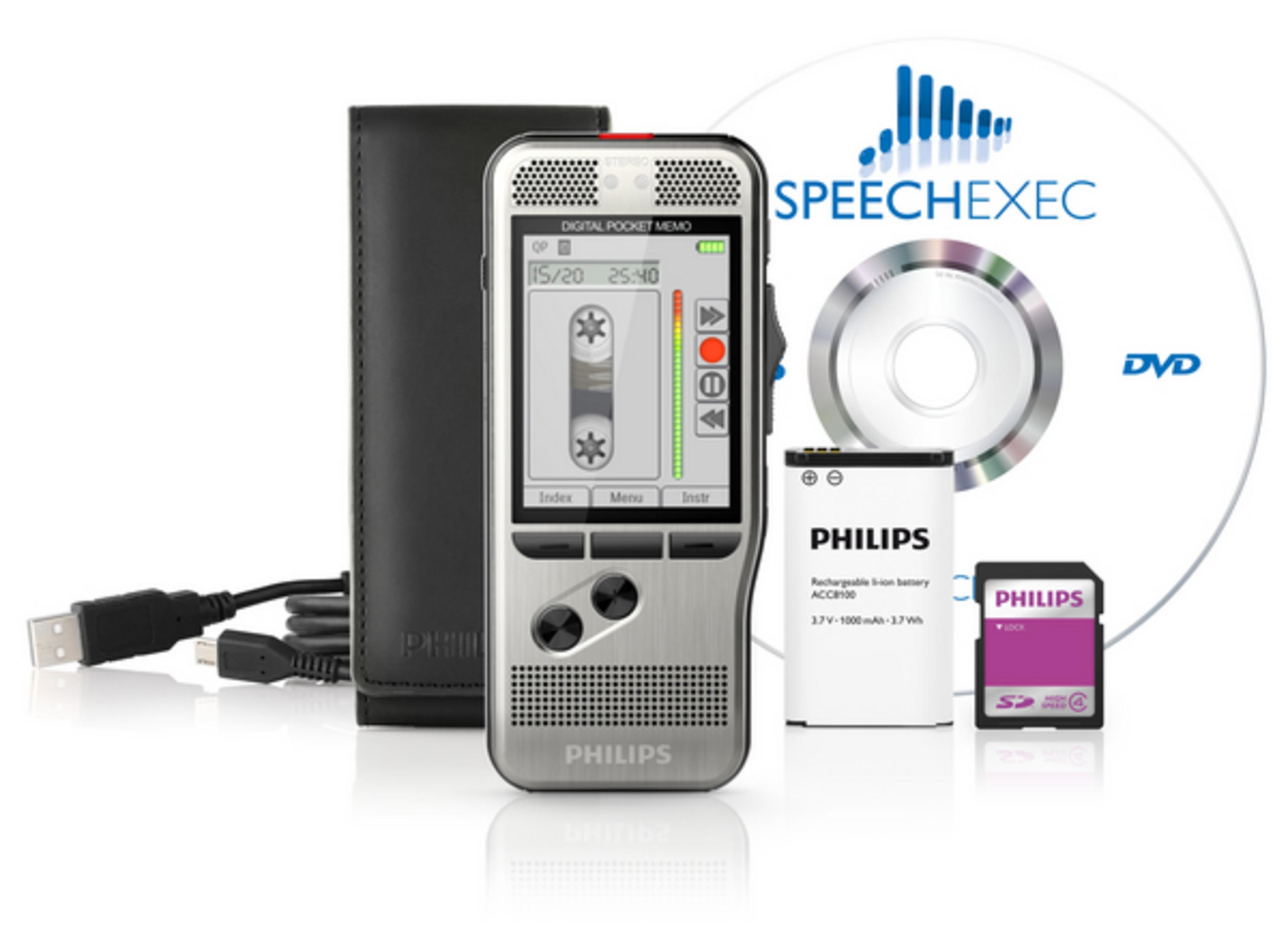 Registratore vocale digitale Philips con custodia, batteria, scheda SD, cavo e DVD.