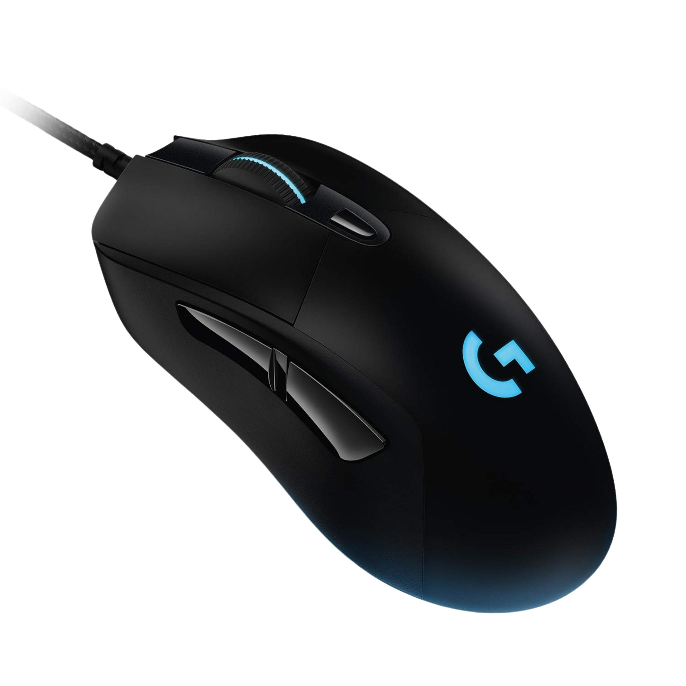 Mouse da gaming nero con logo e rotella illuminati di blu.