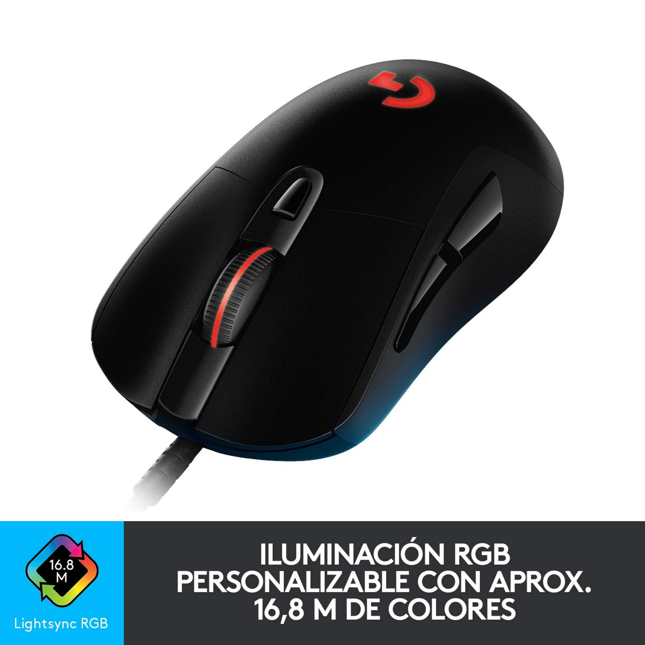 Mouse gaming Logitech nero con rotellina rossa e logo illuminato.