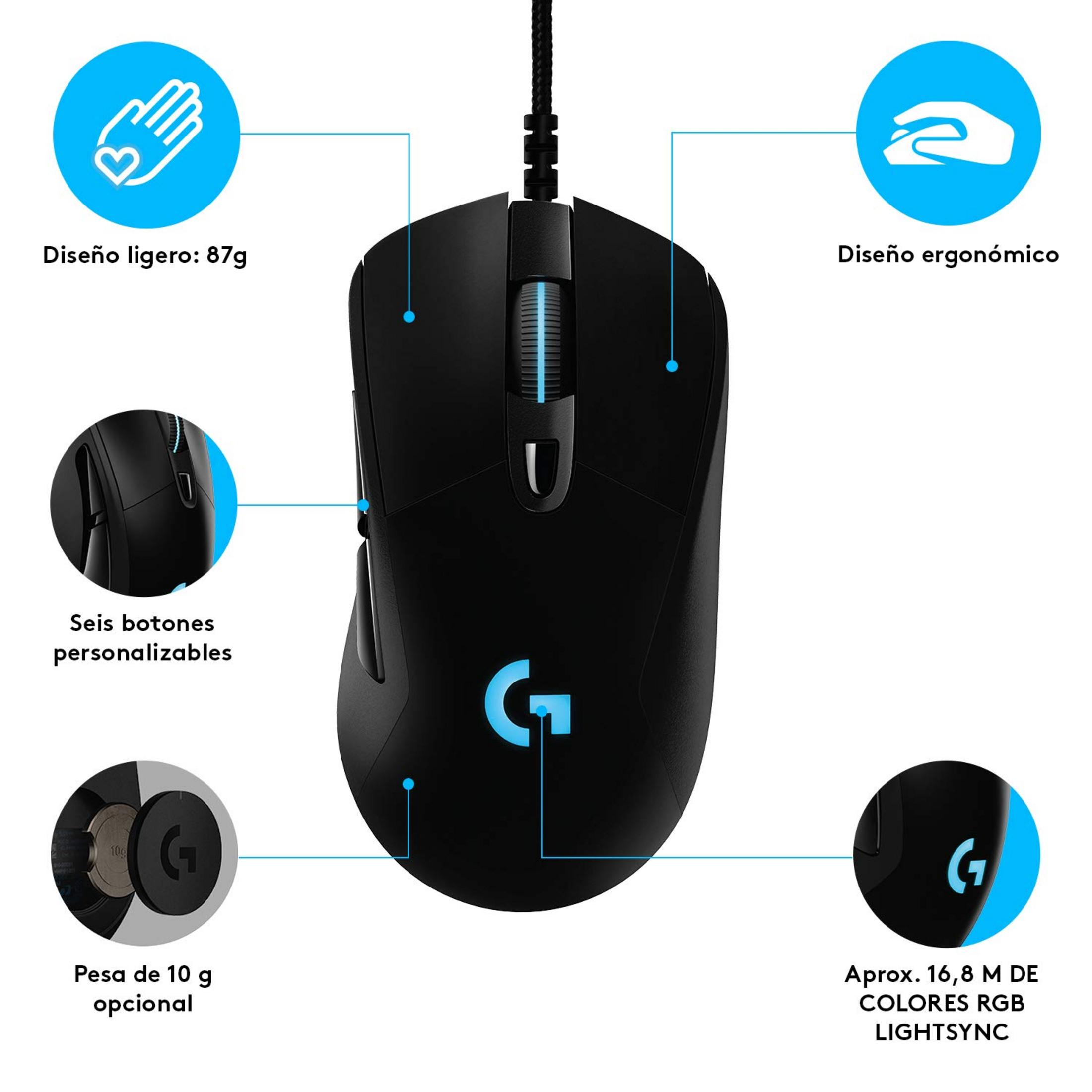 Mouse gaming nero con accenti blu, 87g leggero, design ergonomico.