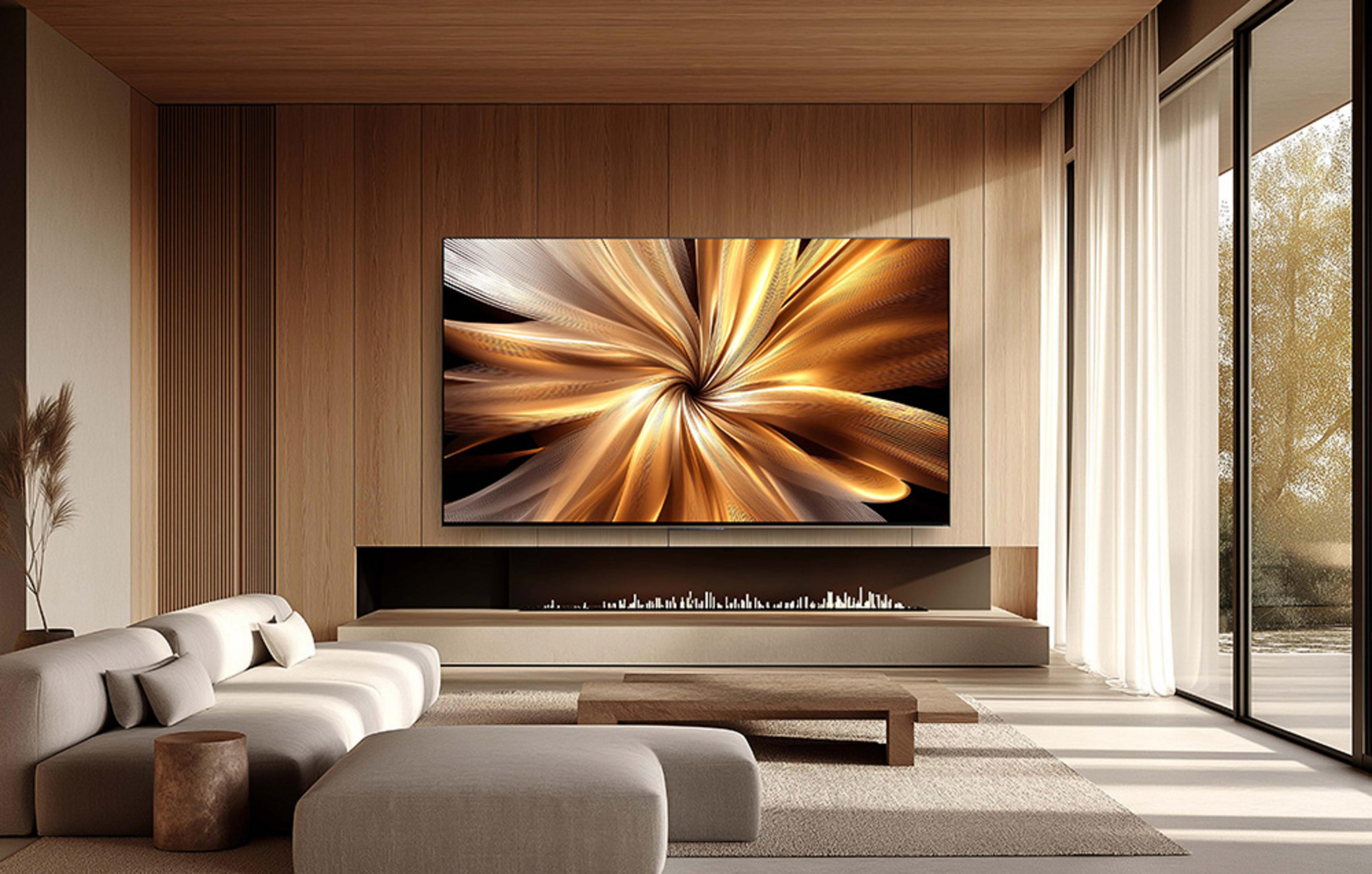 Un salon moderne avec une grande télévision affichant un motif abstrait doré.