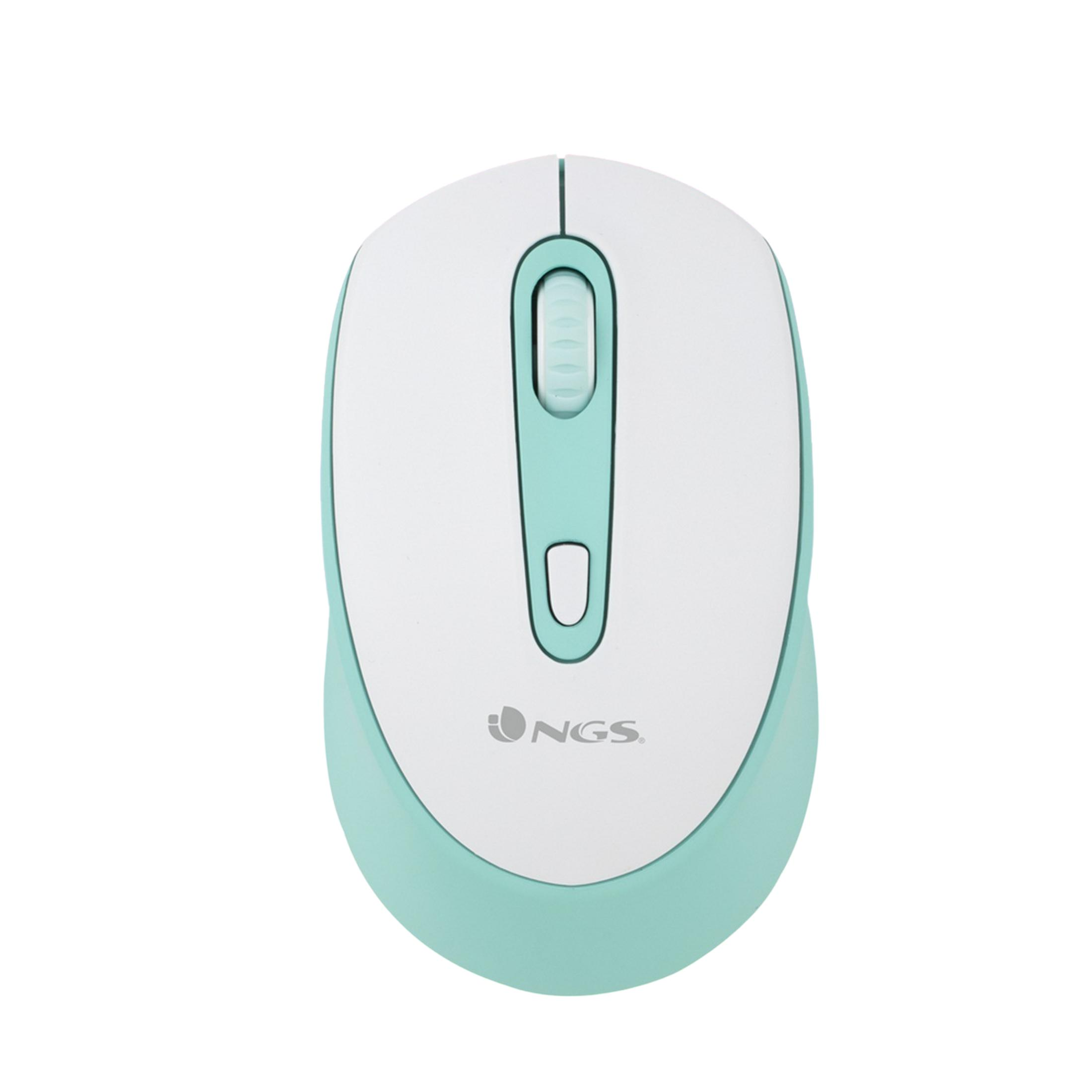 Un mouse bianco con accenti turchesi e rotellina di scorrimento.