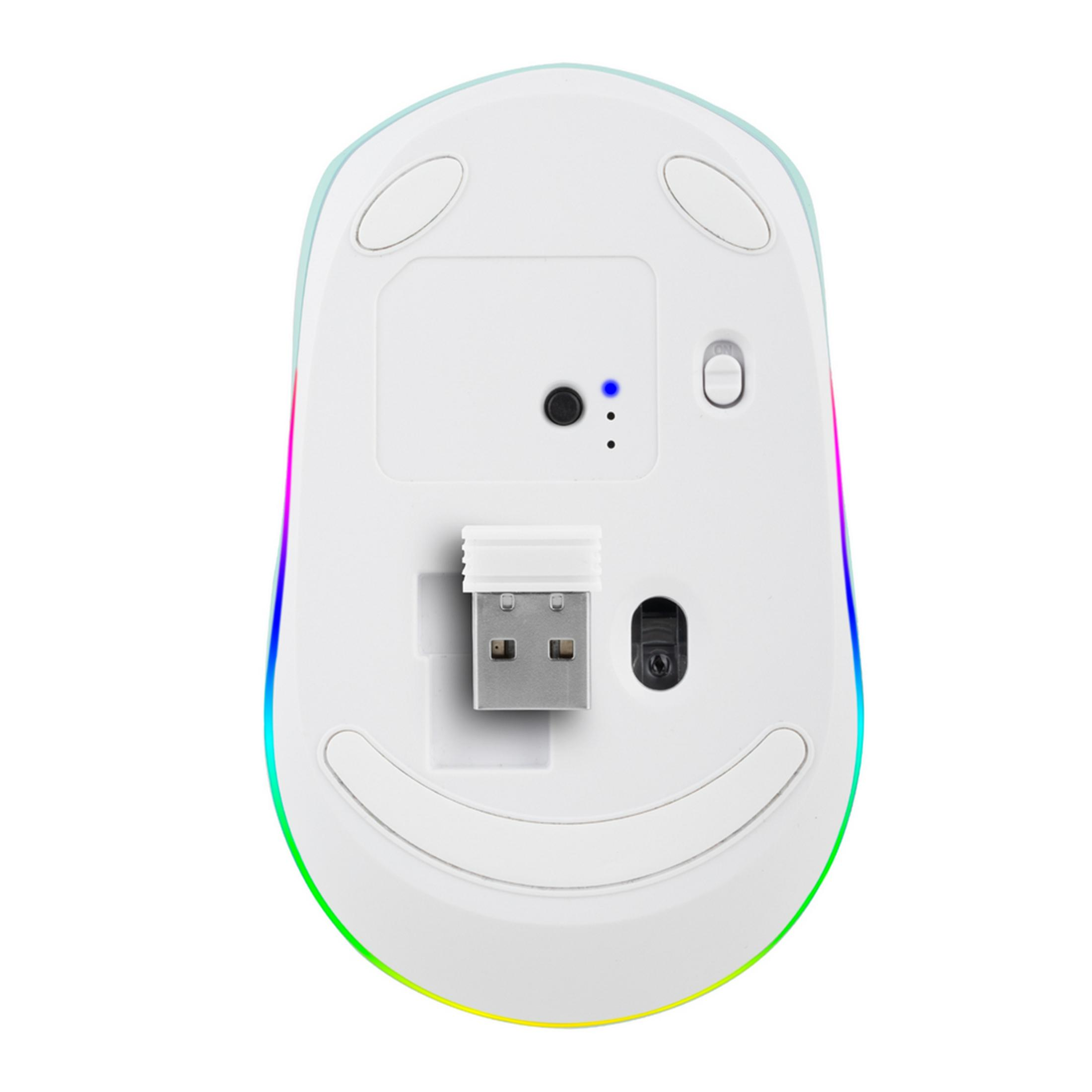 Parte inferiore bianca del mouse con dongle USB, interruttore e illuminazione RGB.