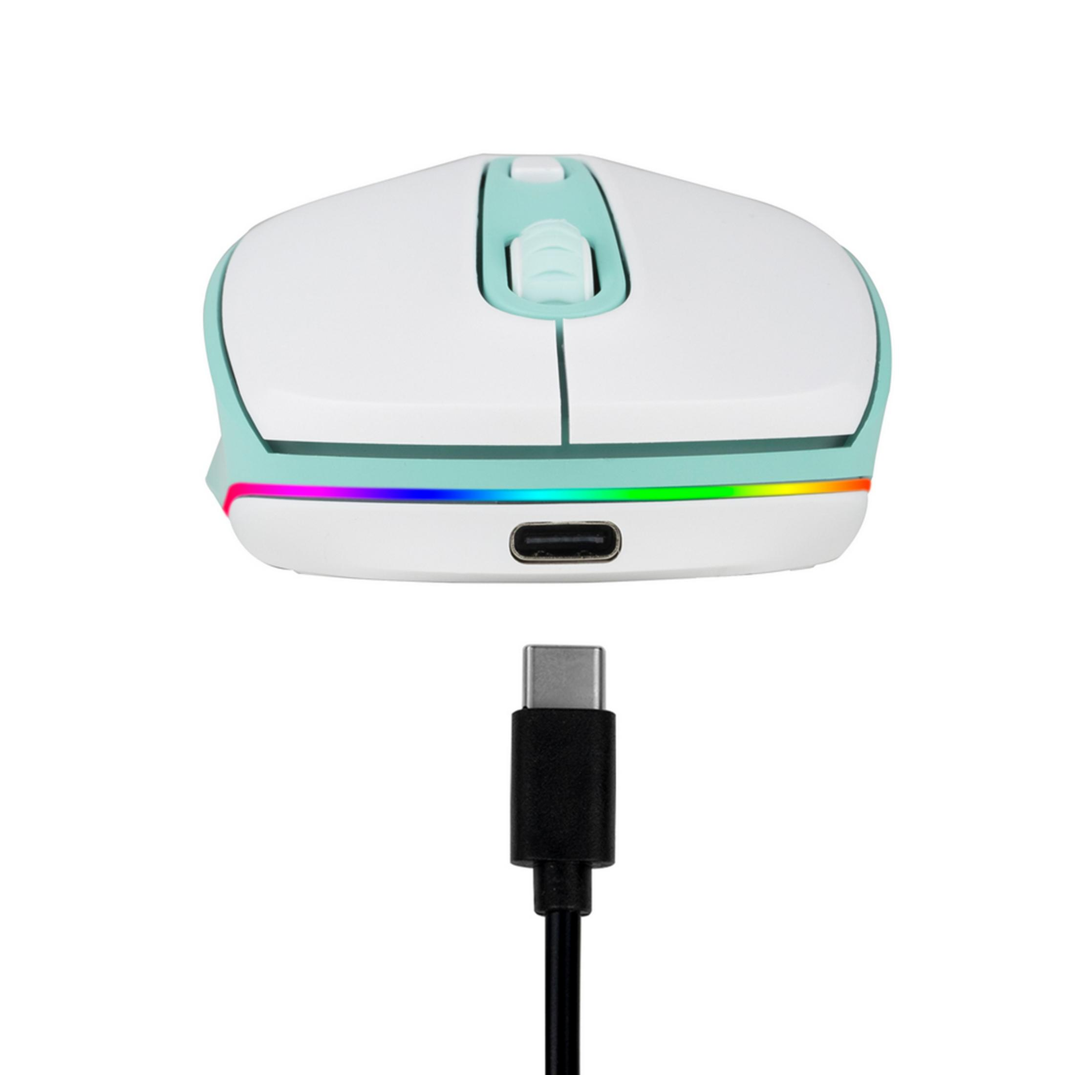 Mouse bianco con accenti turchesi e porta USB-C, che mostra illuminazione LED colorata.