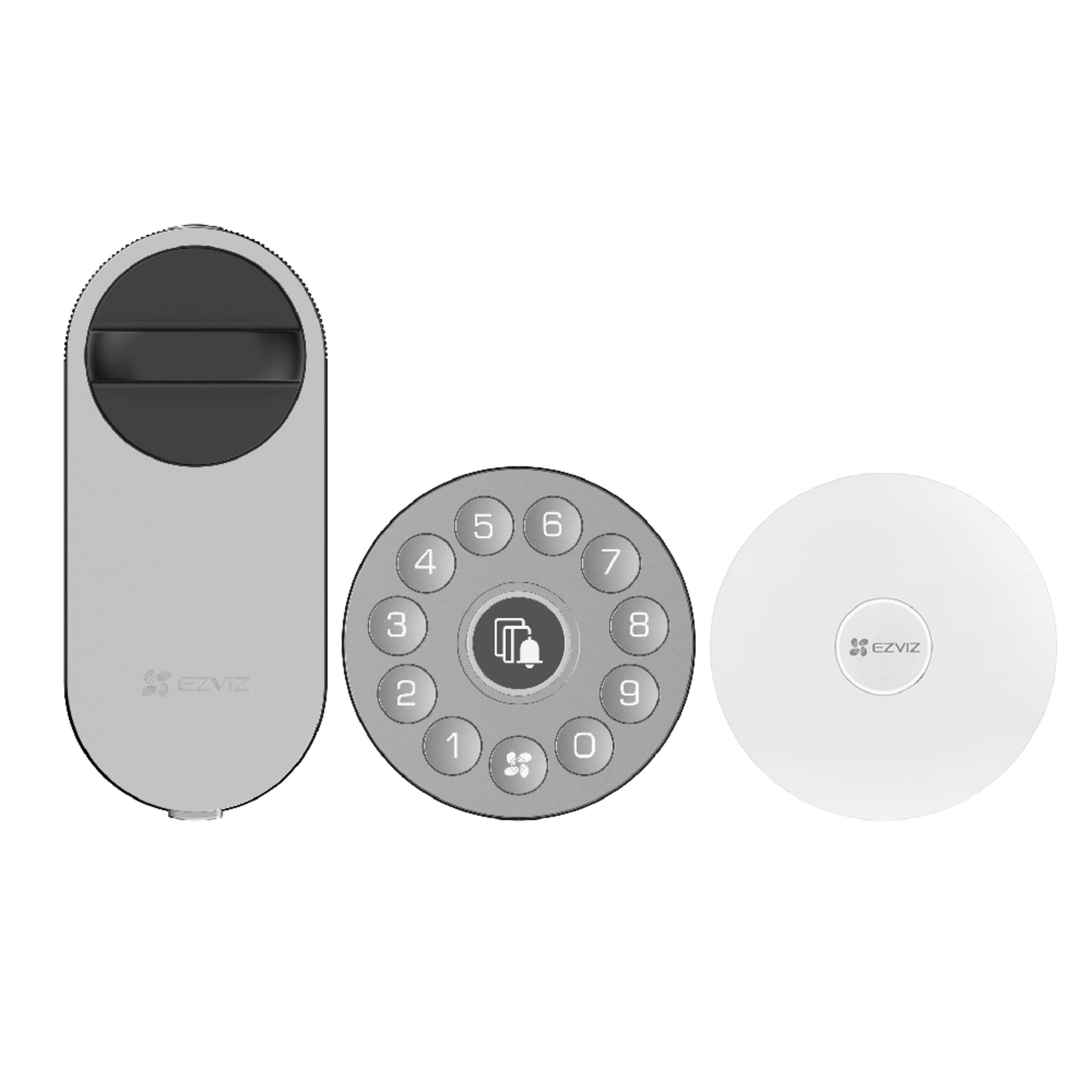 Un mirilla plateada, un teclado con icono de campana y un altavoz redondo blanco.