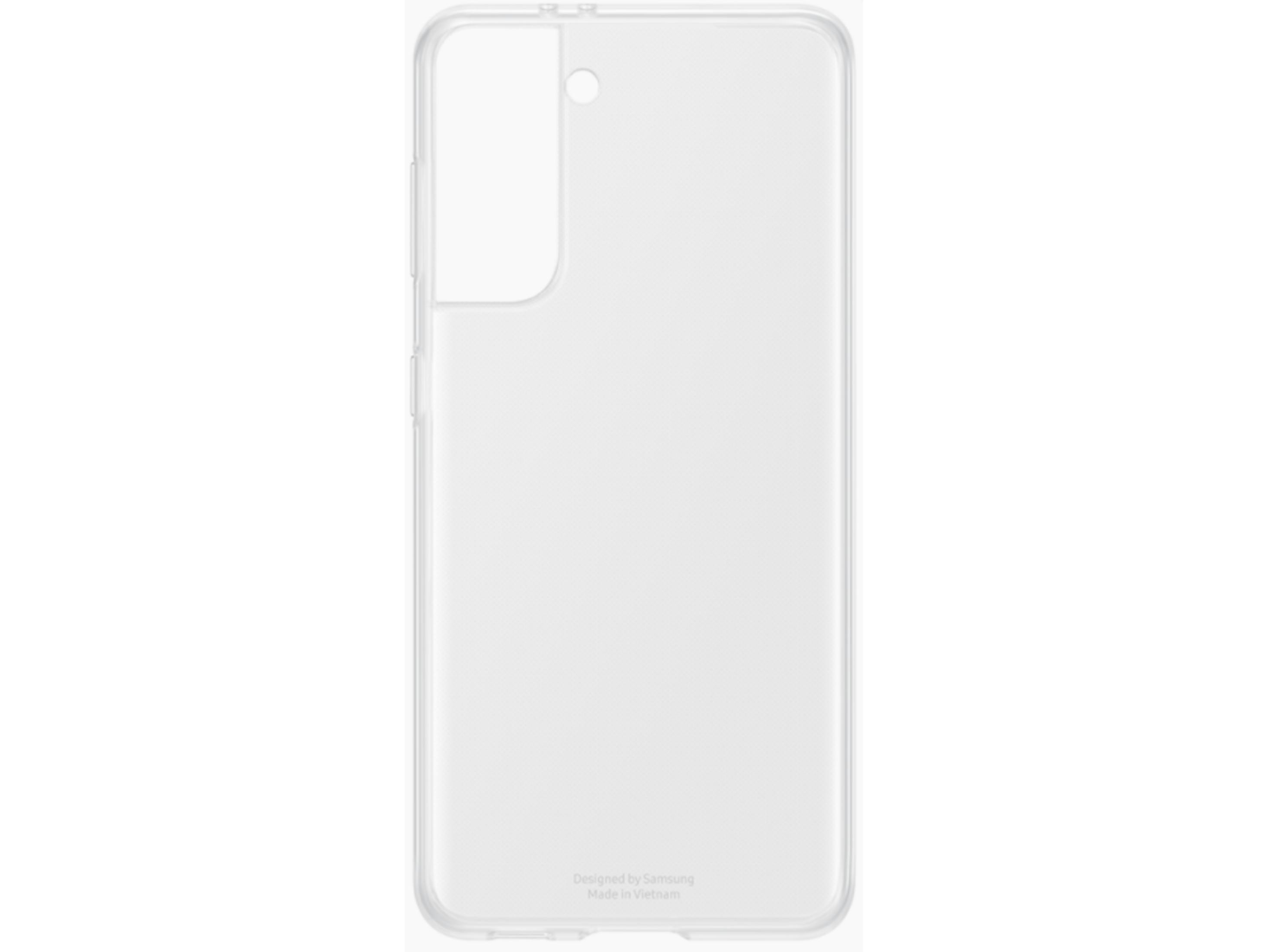 Custodia trasparente per telefono con ritaglio fotocamera e testo in basso.